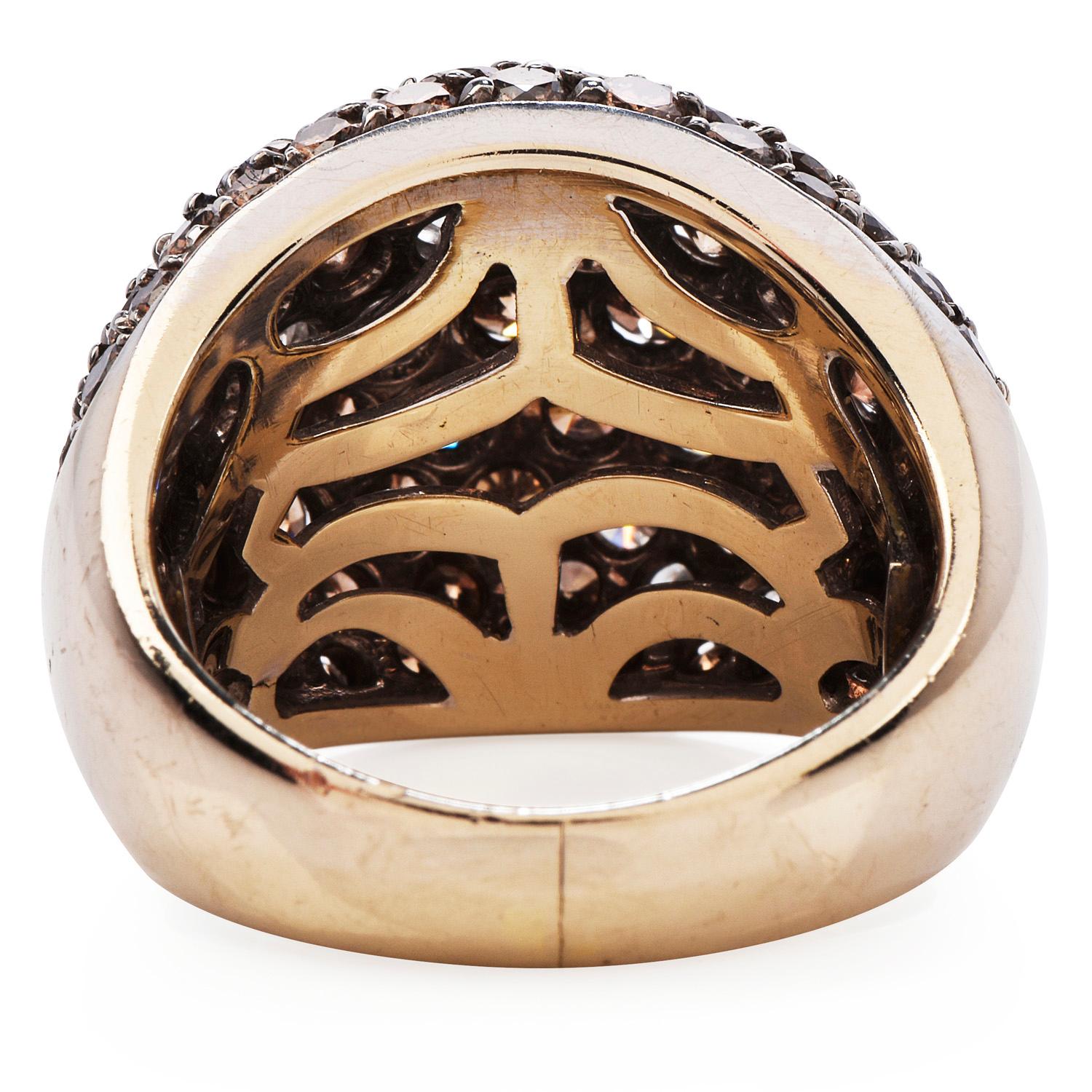 Modern Bombe Fancy Brown Orange Diamond 18K Gold Wide Cocktail Dome Ring In Excellent Condition For Sale In Miami, FL