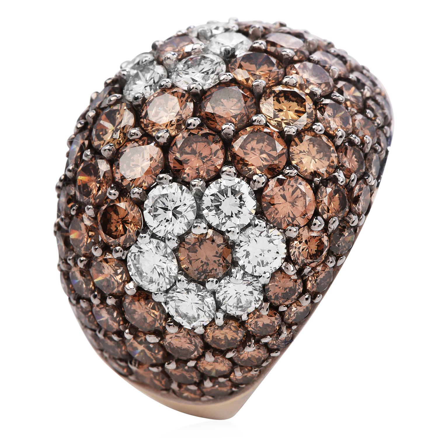 Women's or Men's Modern Bombe Fancy Brown Orange Diamond 18K Gold Wide Cocktail Dome Ring For Sale