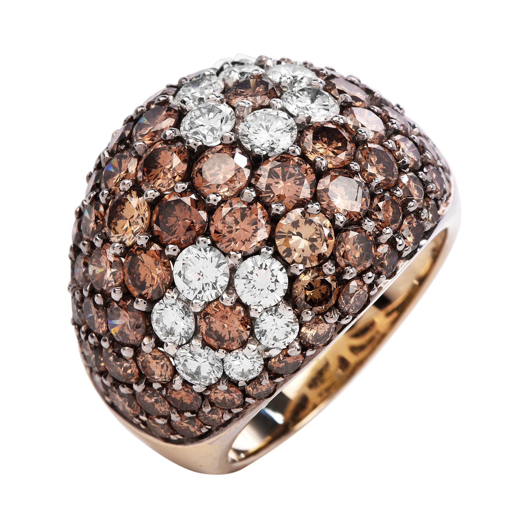 Bague bombée moderne bombée en or 18 carats avec diamants bruns et orange fantaisie et dôme large