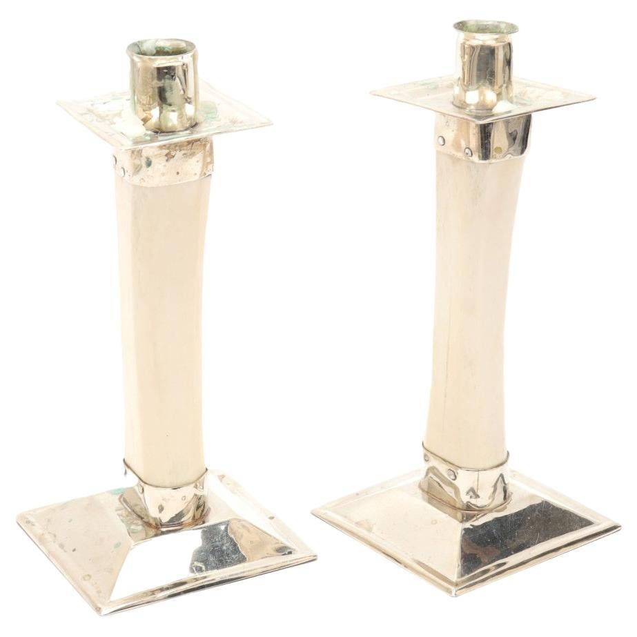 Modern Bone Candlesticks with Chrome Mounts, Pair For Sale