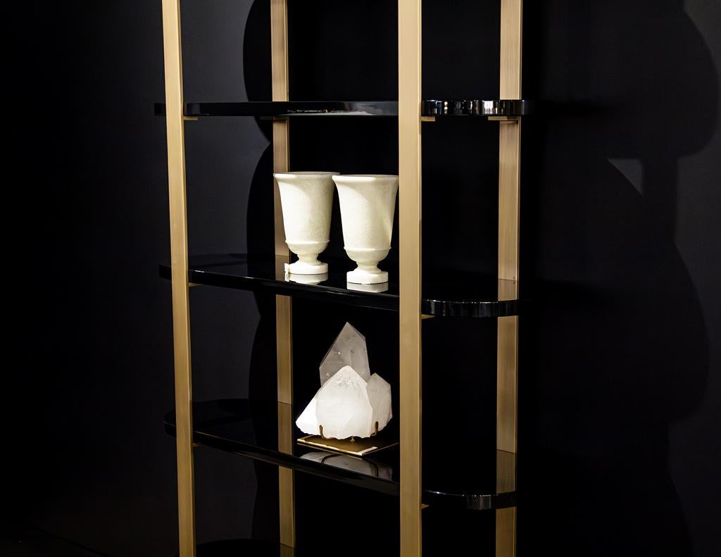 Hand-Crafted Modern Bookcase Cabinet in Brass and Black Lacquer For Sale
