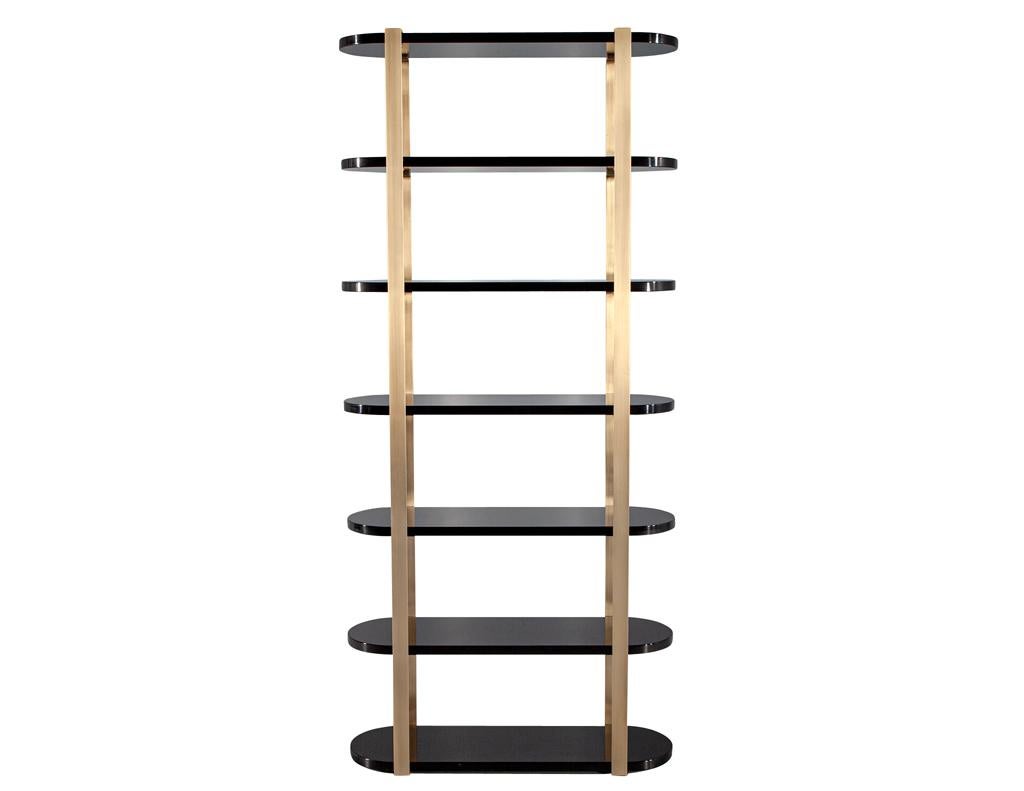 Contemporary Modern Bookcase Cabinet in Brass and Black Lacquer For Sale