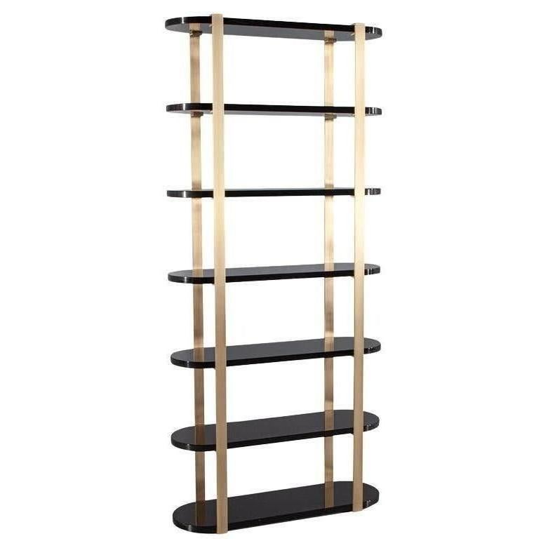 Modern Bookcase Cabinet in Brass and Black Lacquer For Sale