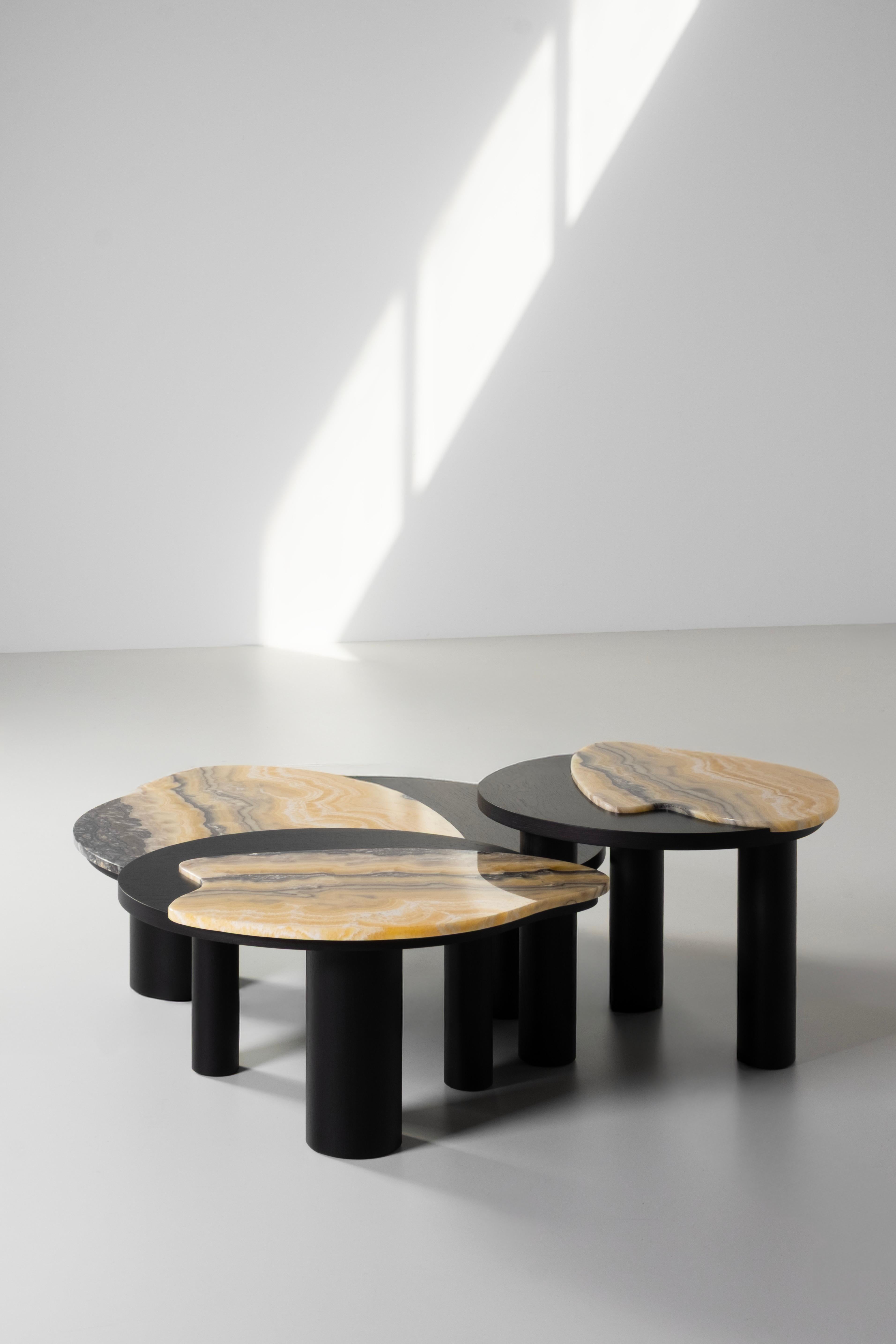 Brass Modern Bordeira Nesting Coffee Tables, Nilo Onyx, Handmade Portugal Greenapple For Sale