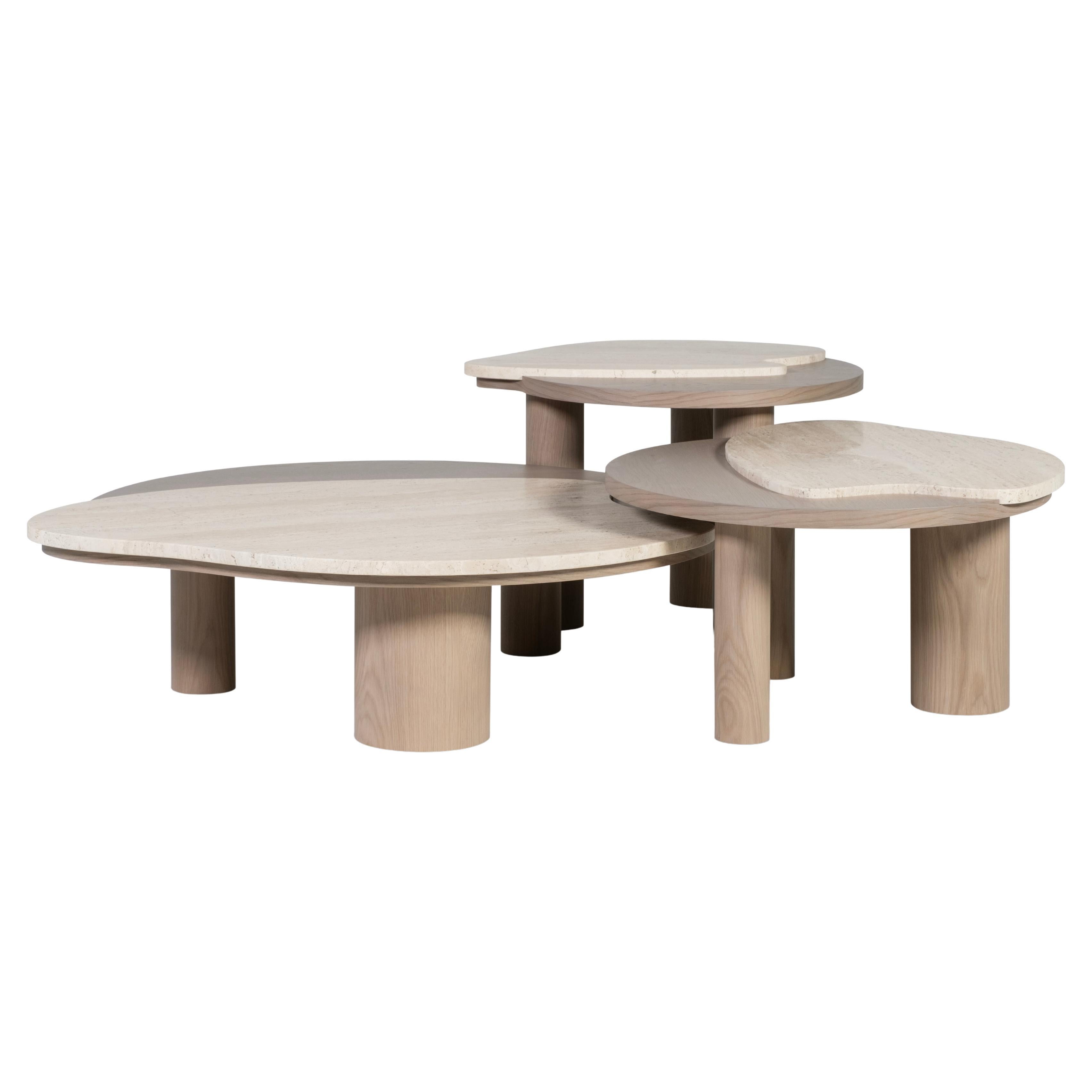 Modernes Bordeira 3er-Set Couchtische, Travertin, Handarbeit Greenapple