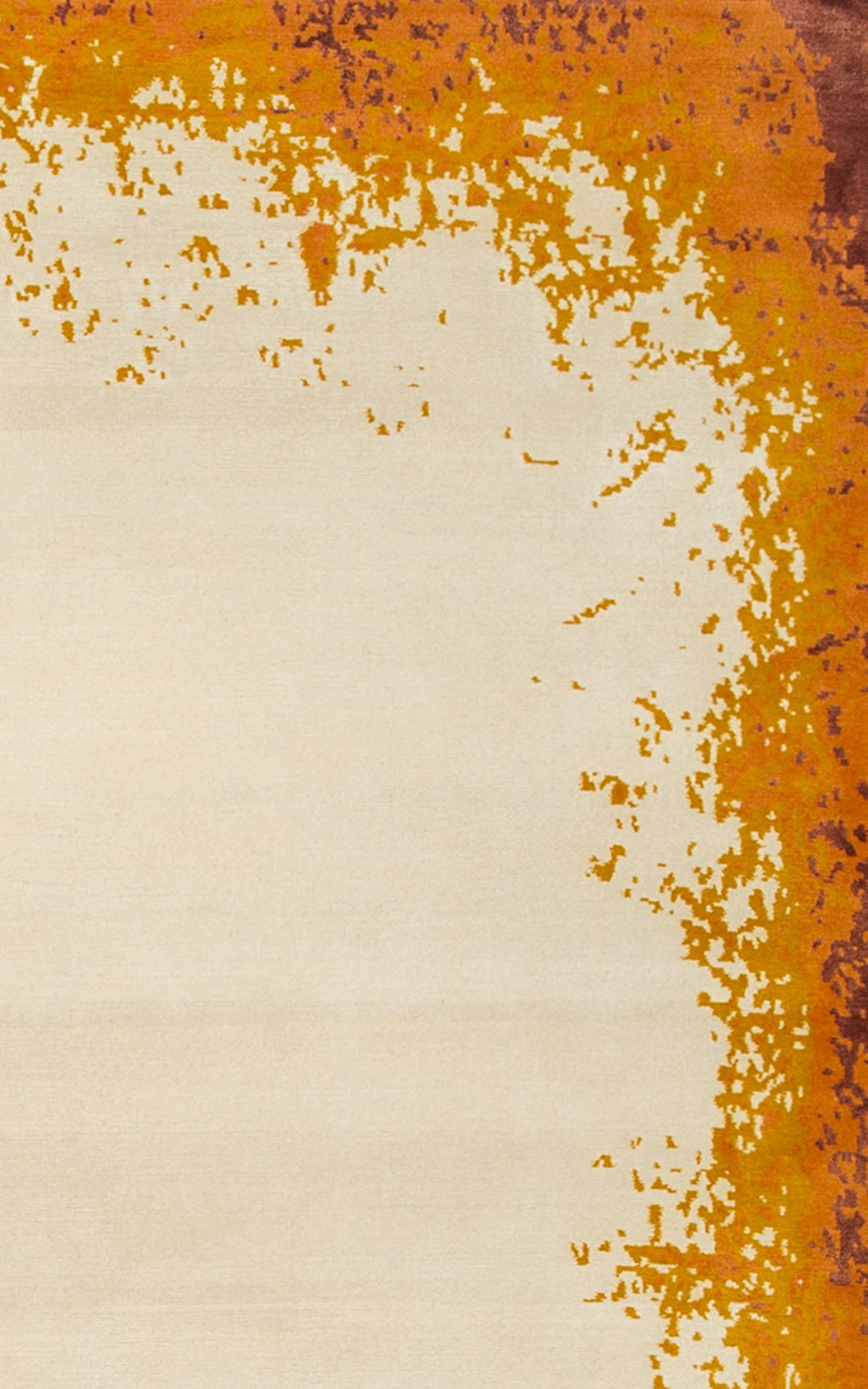 Contemporary Modern Border – Burnt Orange Hand-Knotted Wool & Silk Rug by Knots Rugs For Sale