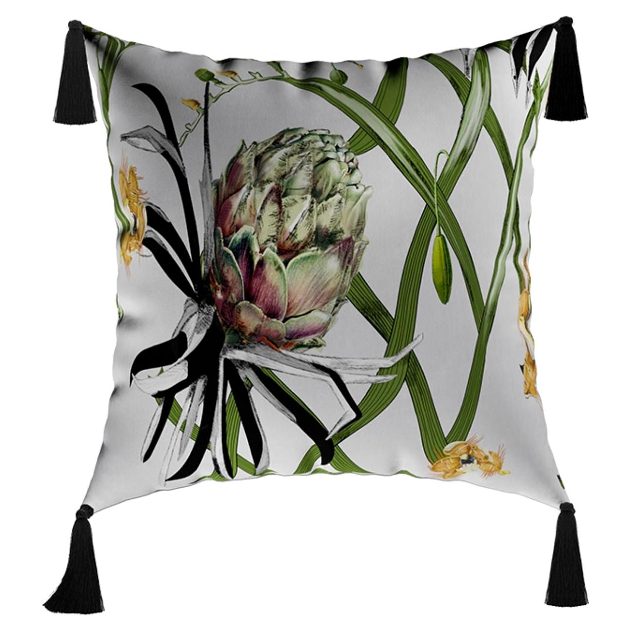 Modern Botanical Cushion, Flower Pattern Velvet Pillow Black Fringes Tassels