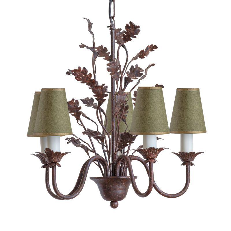 Handcrafted in wrought iron and hand painted for a sophisticated aged look, the enchanting little Oakleaf chandelier has five elegant scrolling arms and a  delicate intertwined branches and leaves radiating from the centre.

Brought to life in our