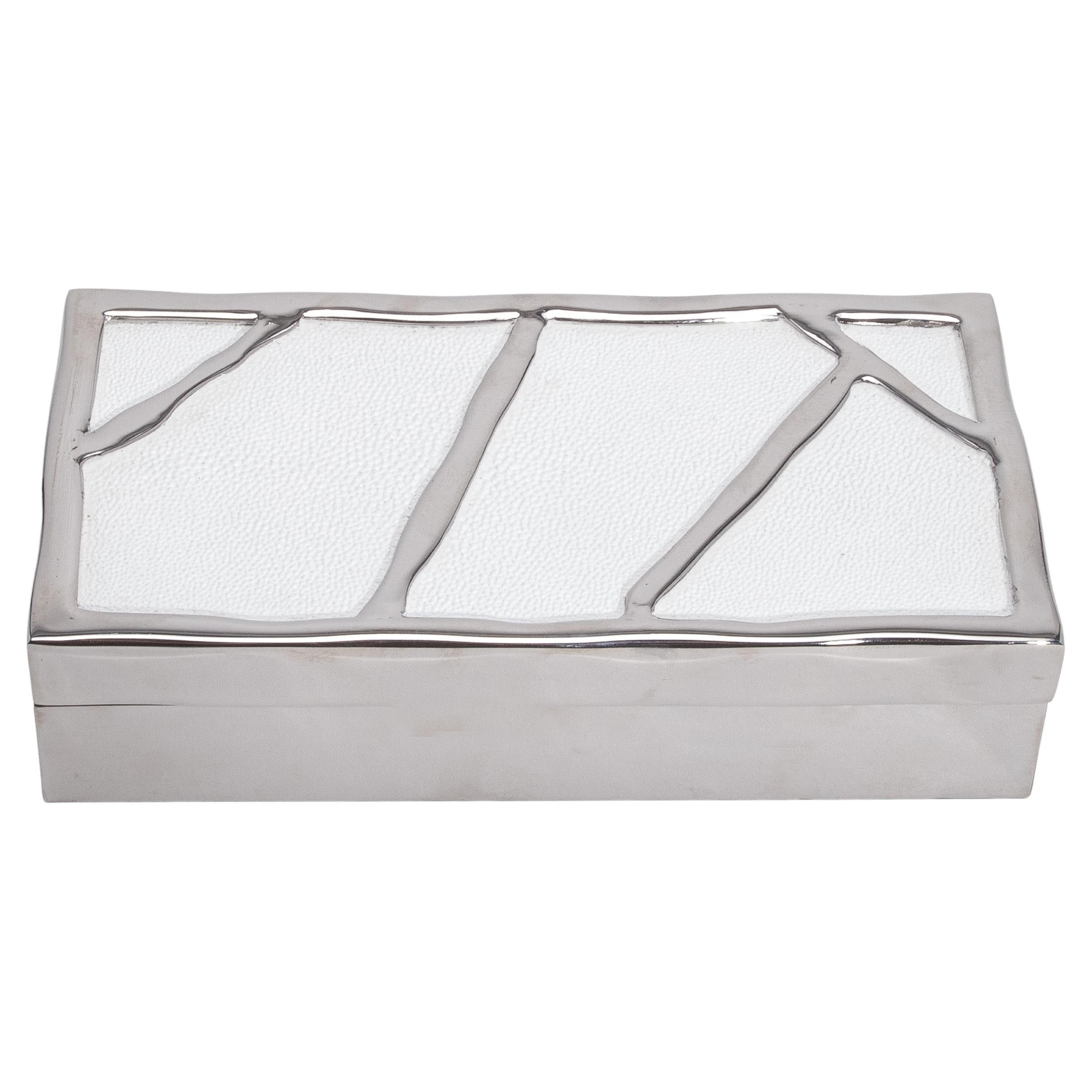 Caja moderna de piel de zapa blanca con acero inoxidable pulido de R&Y Augousti