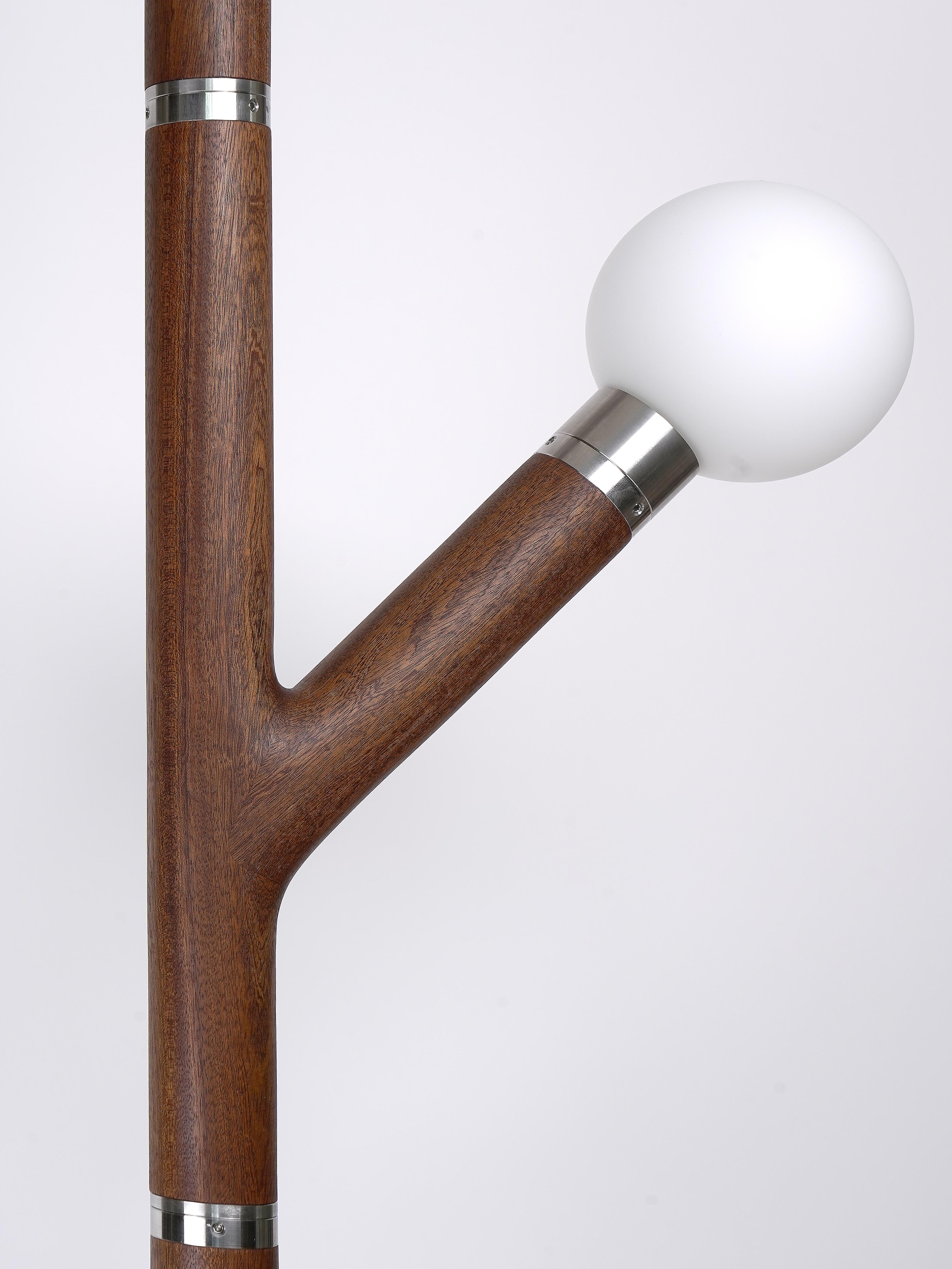 American Modern Branch Floor Lamp with Sapele Wood and Stainless Steel Detail For Sale