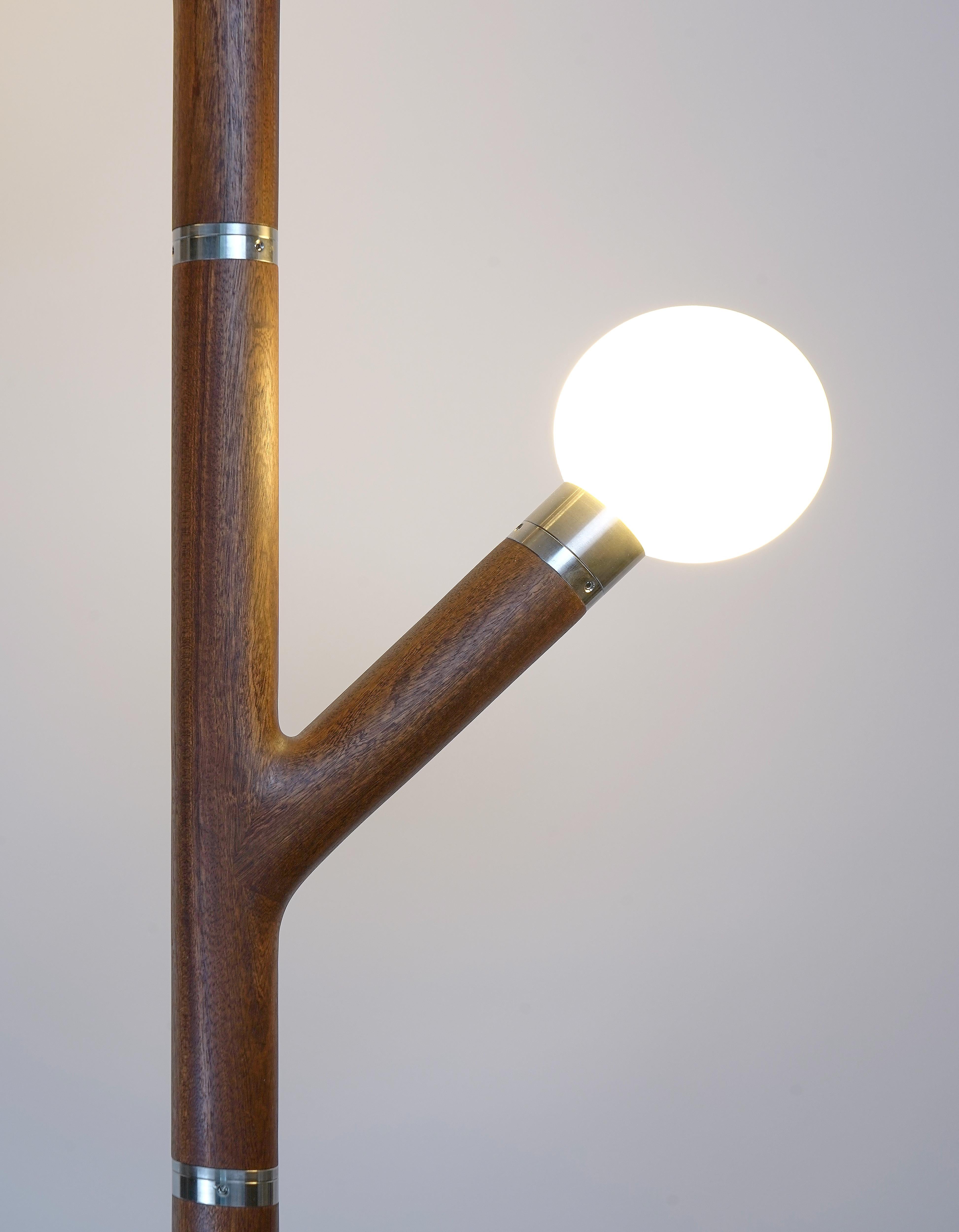 Hand-Carved Modern Branch Floor Lamp with Sapele Wood and Stainless Steel Detail For Sale