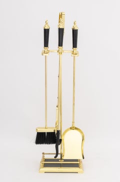 Modern Brass and Black Marble Fireplace Tool Set