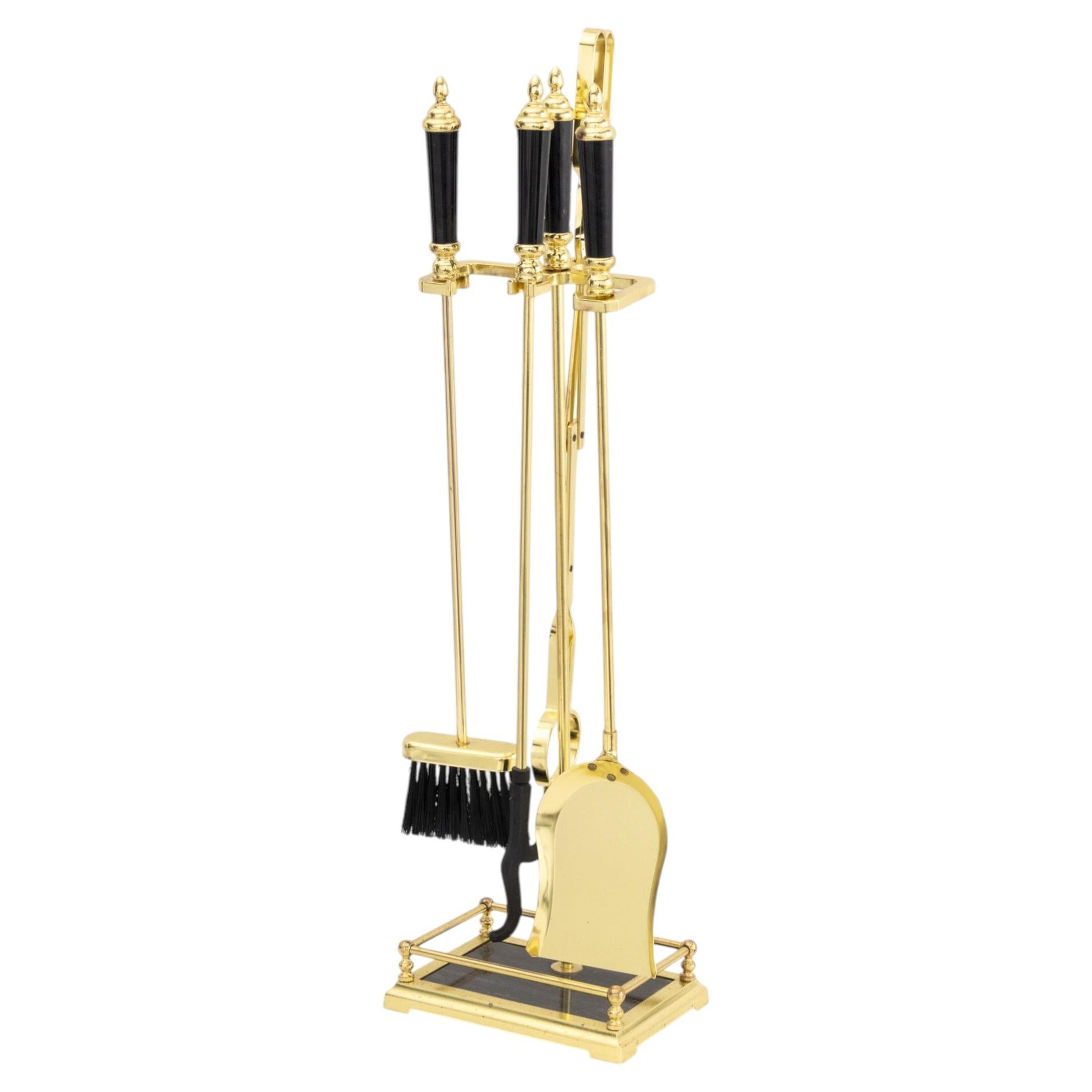 Modern Brass and Black Marble Fireplace Tool Set, 5 Pieces For Sale