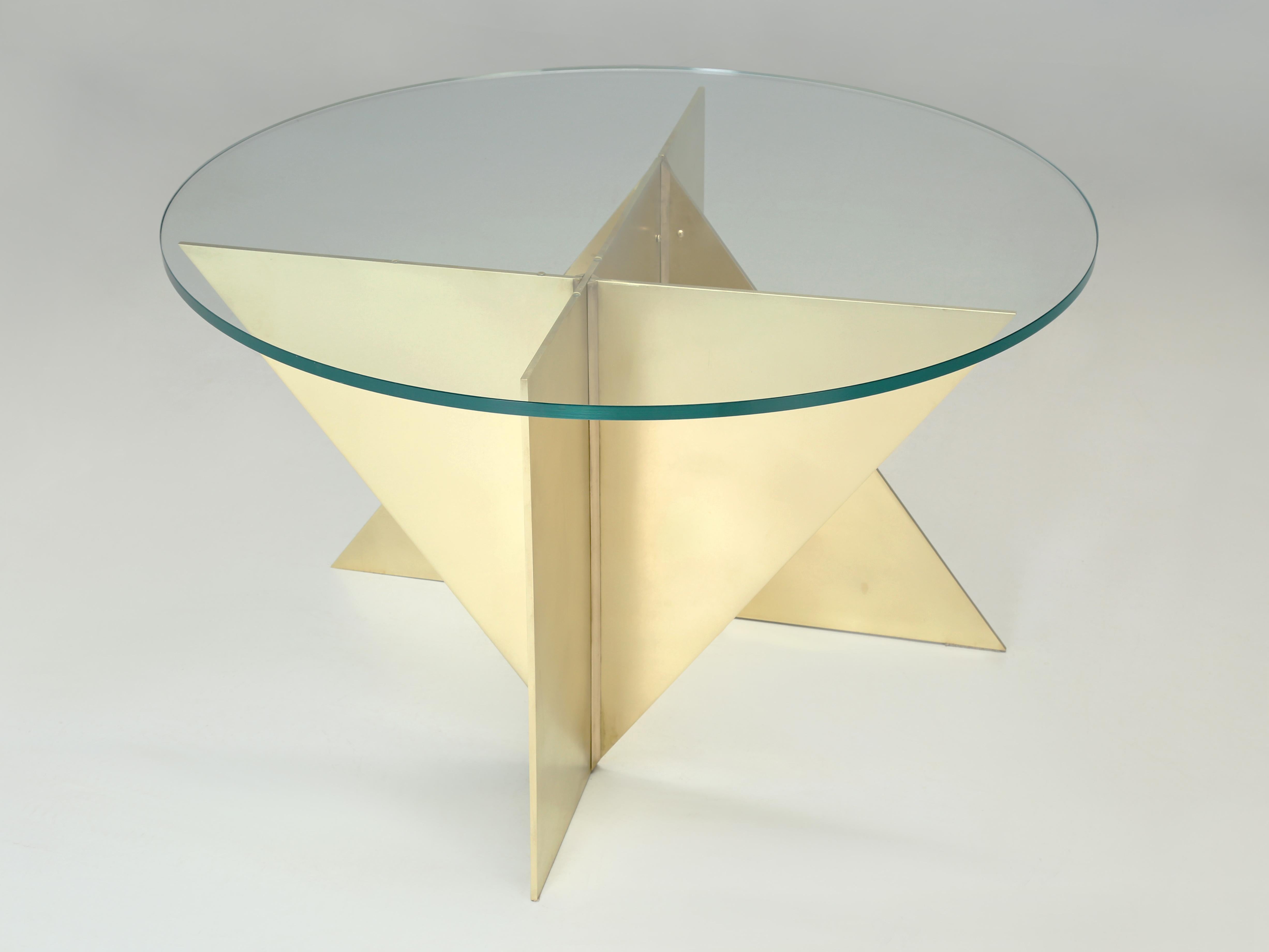 Brushed Modern Brass and Glass Center Hall or Dining Table by Old Plank Made in America For Sale