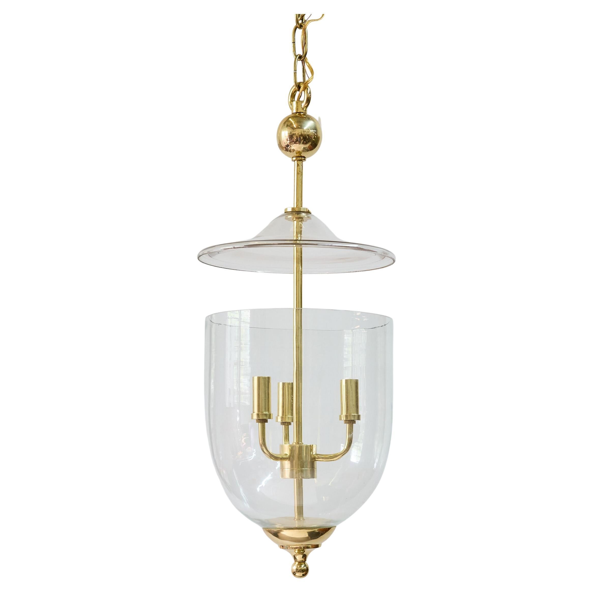 Modern Brass and Glass Three Light Bell Jar Lantern