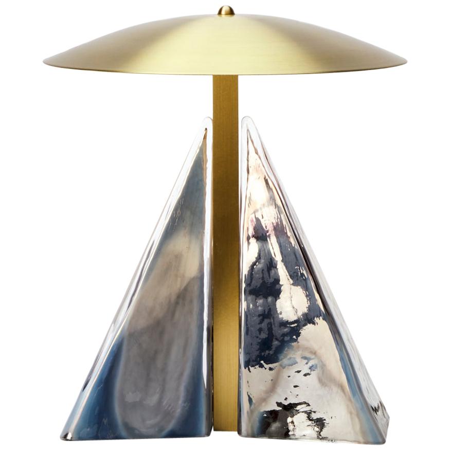 Modern Brass and Hand Blown Mirrored Glass Fulcrum Table Lamp For Sale