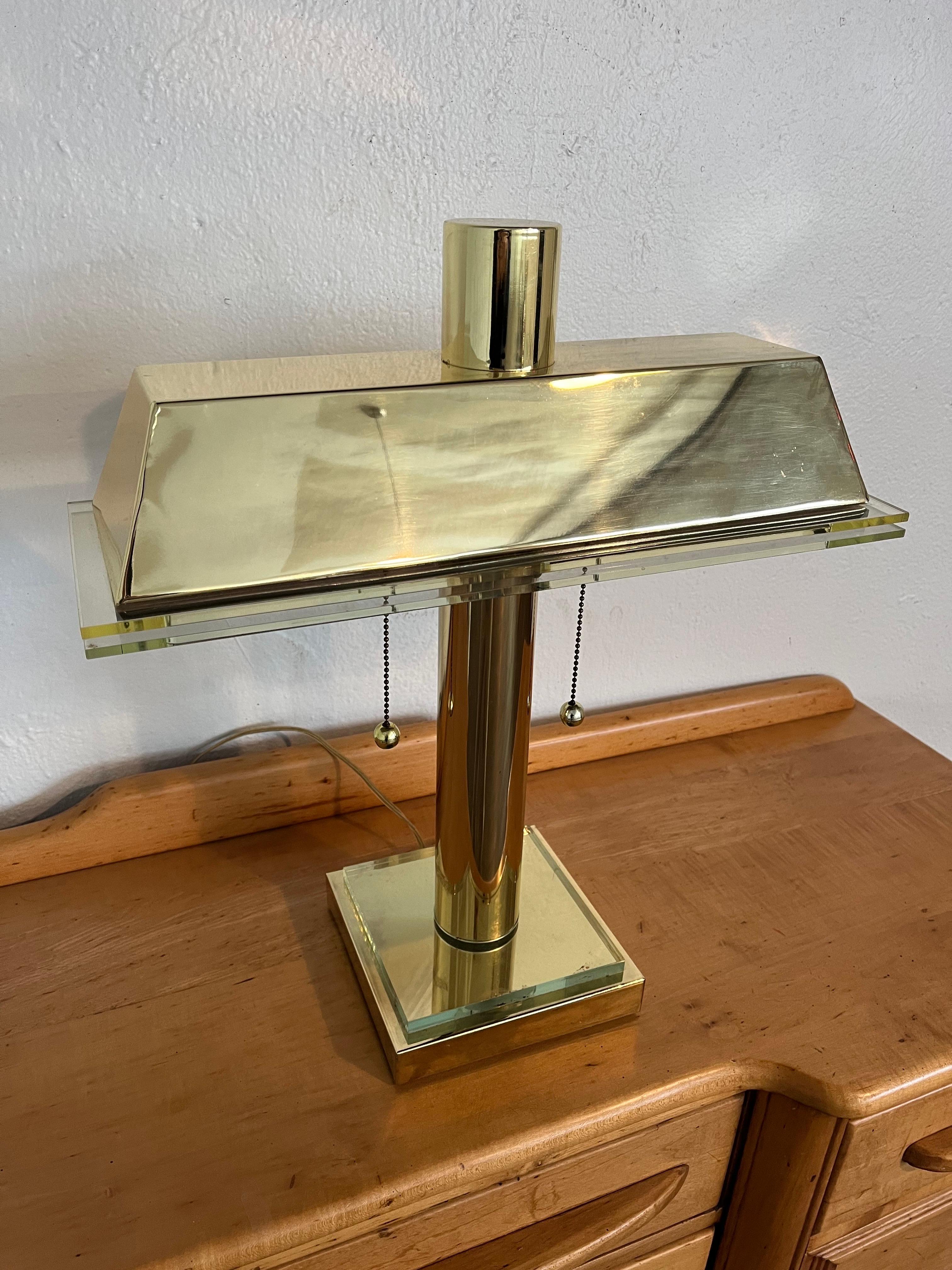Modern Brass and Lucite Bankers Lamp In Good Condition For Sale In W Allenhurst, NJ