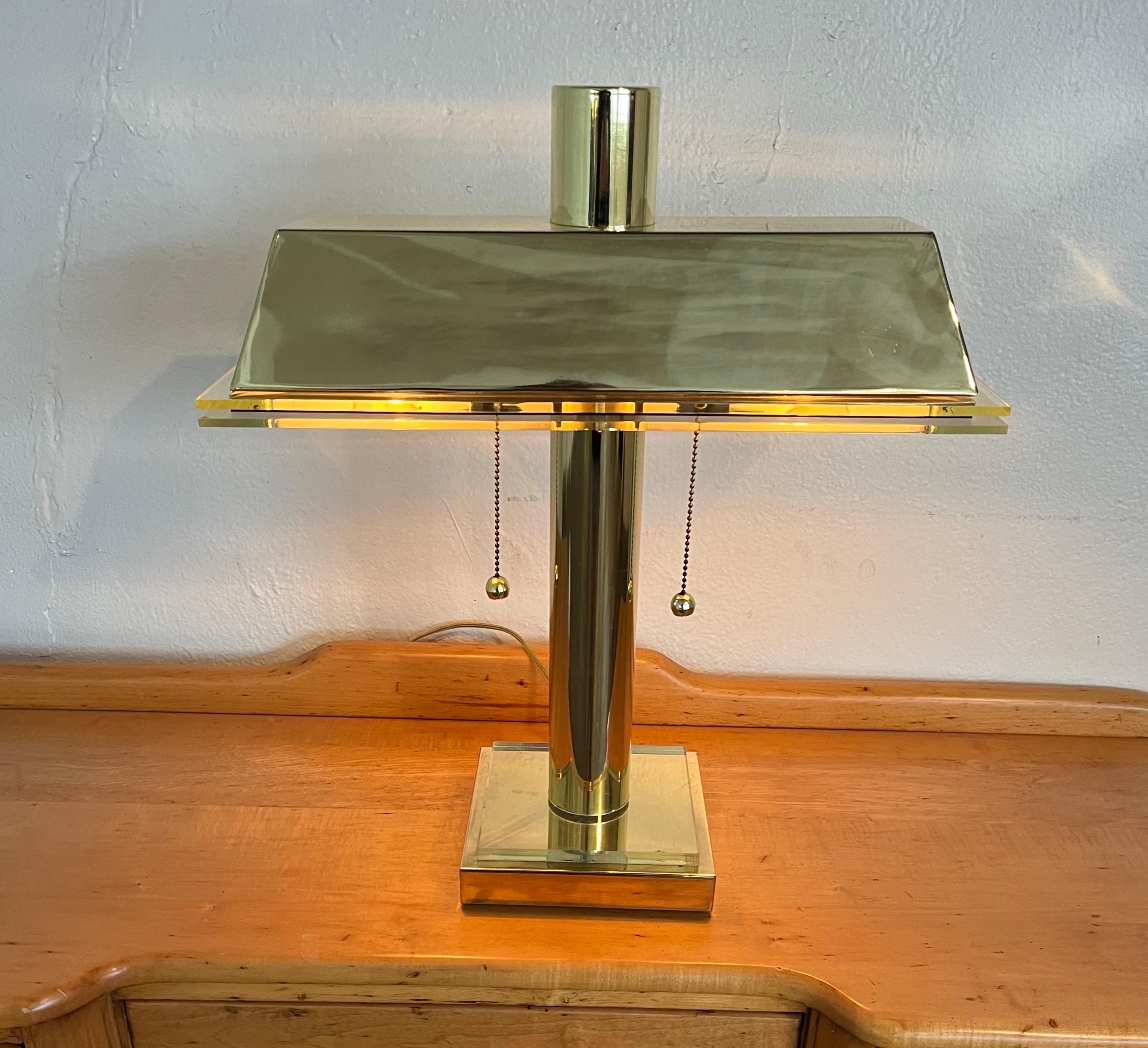Modern Brass and Lucite Bankers Lamp For Sale 2