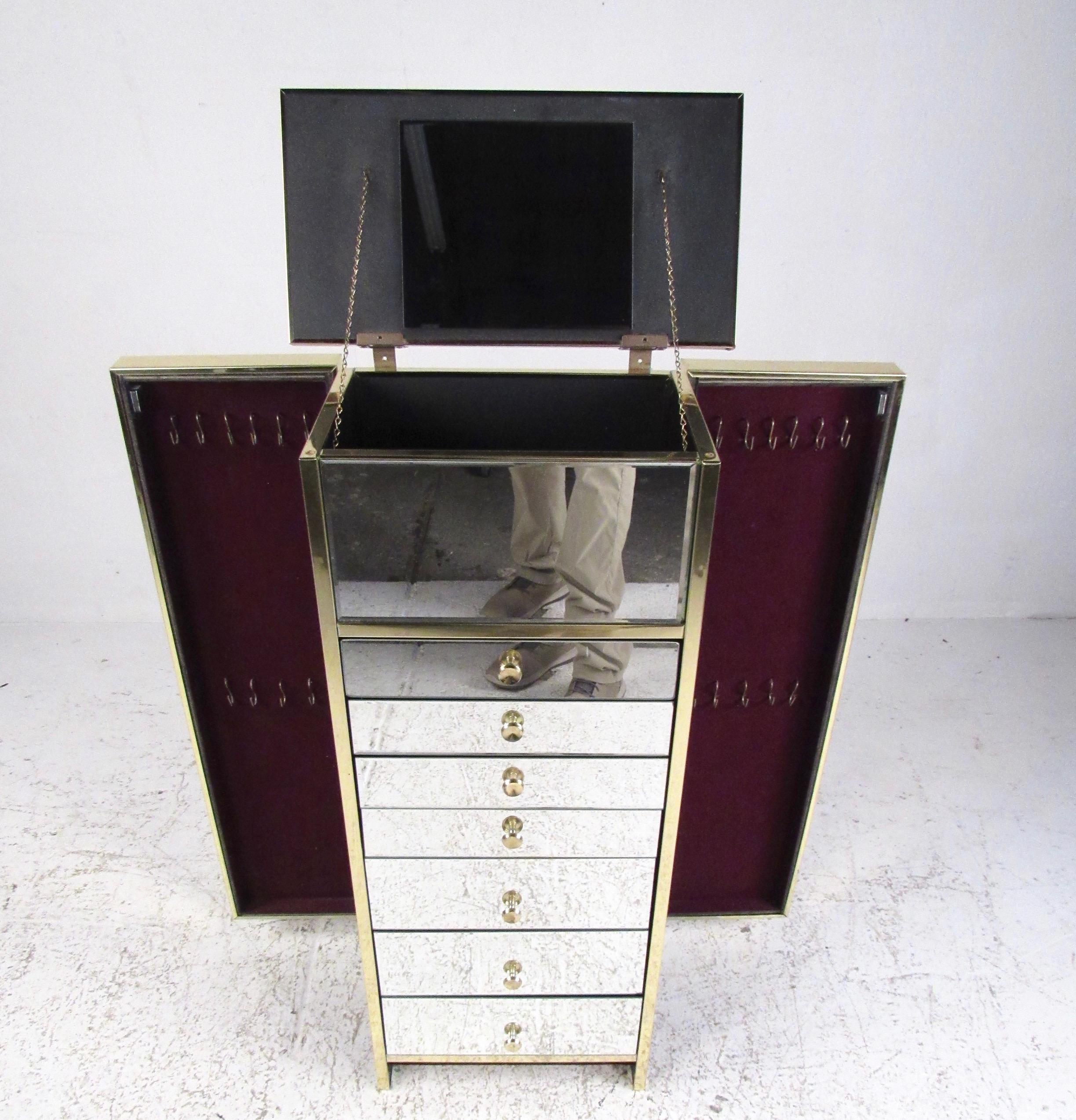 American Modern Brass and Mirror Jewelry Chest