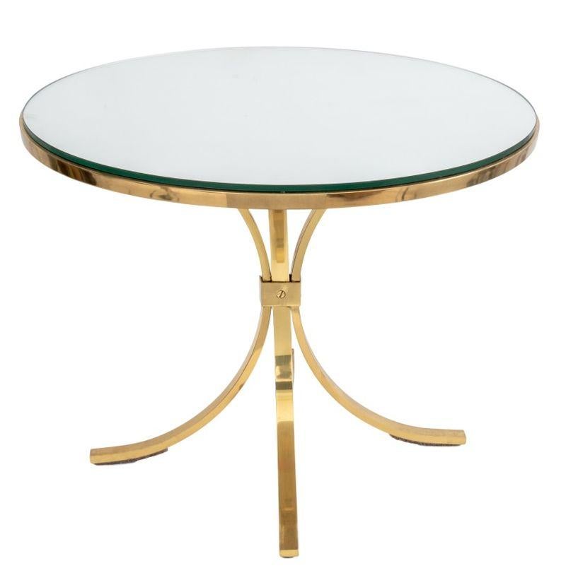Modern brass and glass top circular side or accent table, on tripod supports. 16.75
