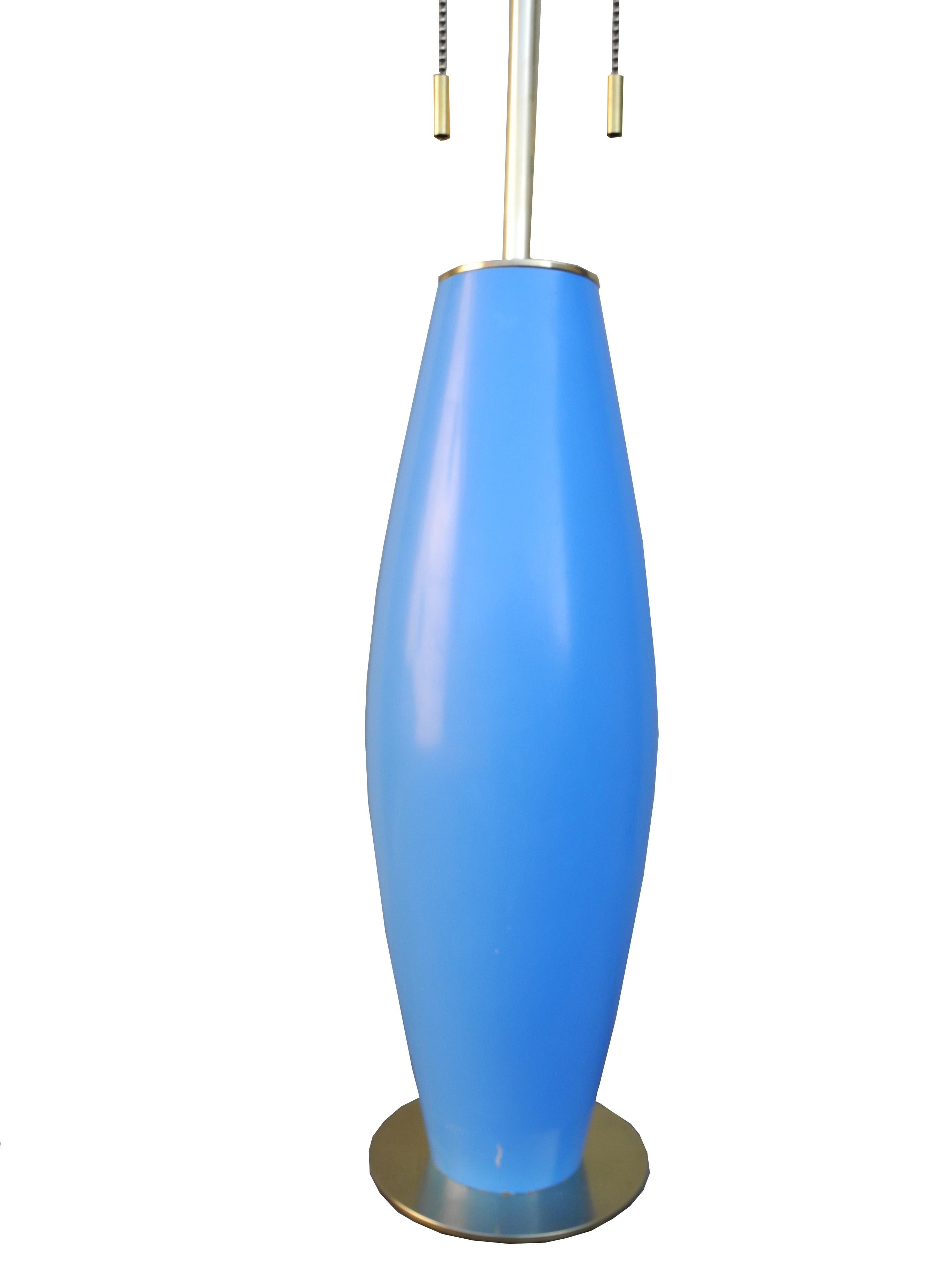 Modern Brass and Painted Blue Wood Lamp by Hansen In Good Condition For Sale In Hudson, NY