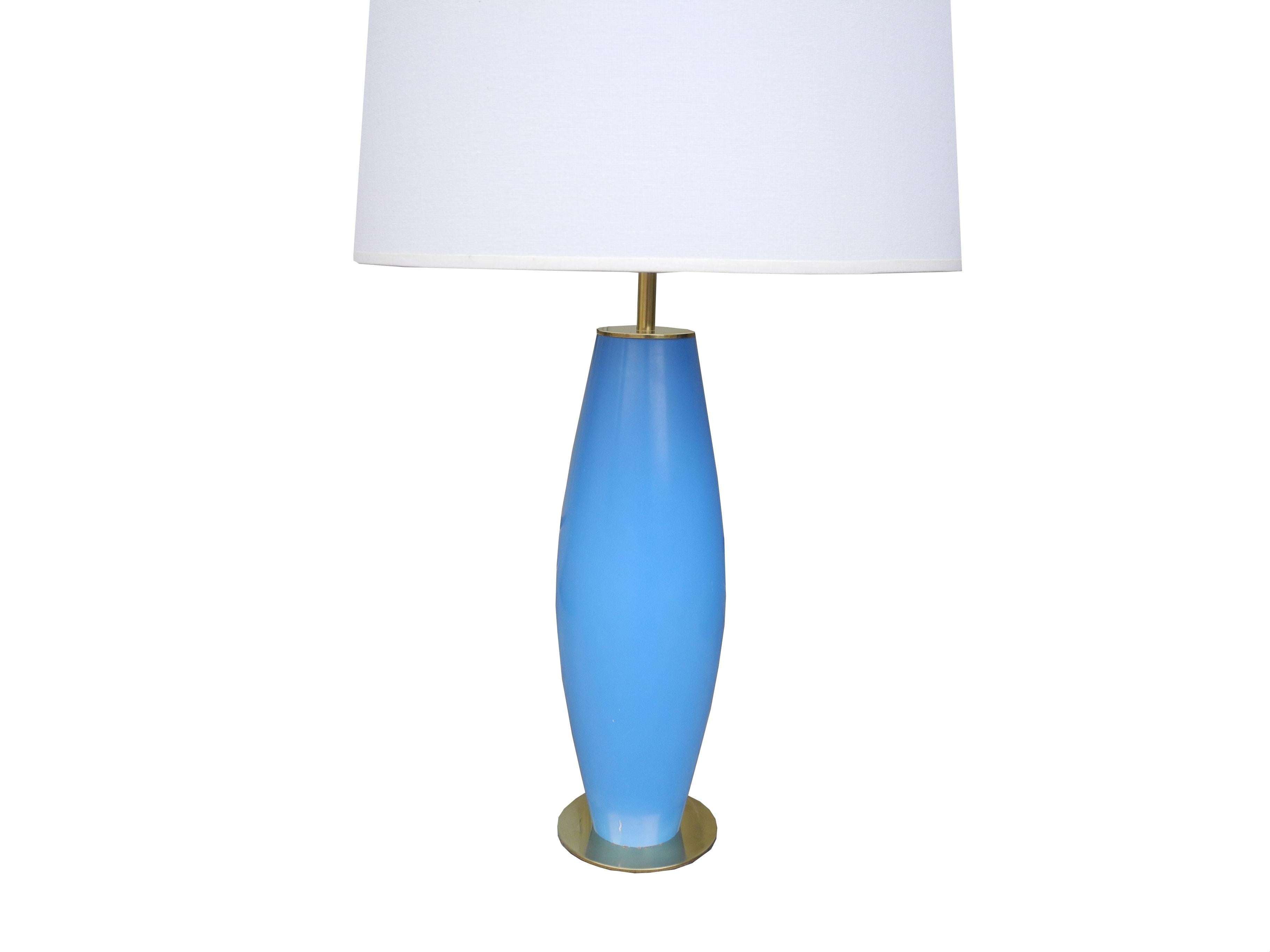 American Modern Brass and Painted Blue Wood Lamp by Hansen For Sale