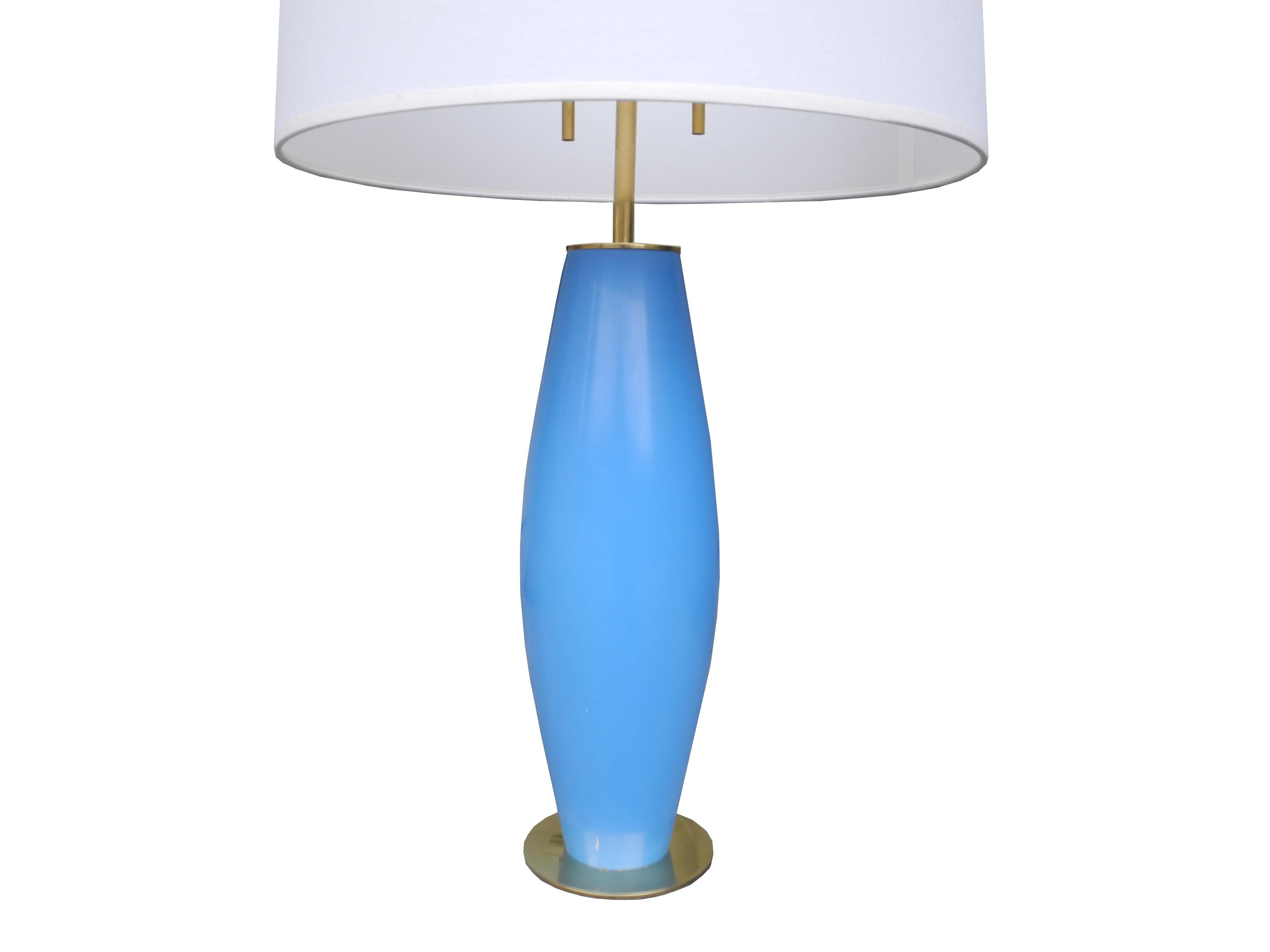 Mid-Century Modern Modern Brass and Painted Blue Wood Lamp by Hansen For Sale