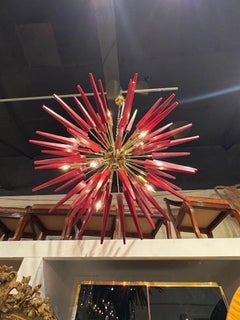 Modern Brass and Red Murano Glass Sputnik Chandelier
