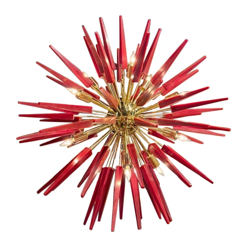 Modern Brass and Red Murano Glass Sputnik Chandelier For Sale