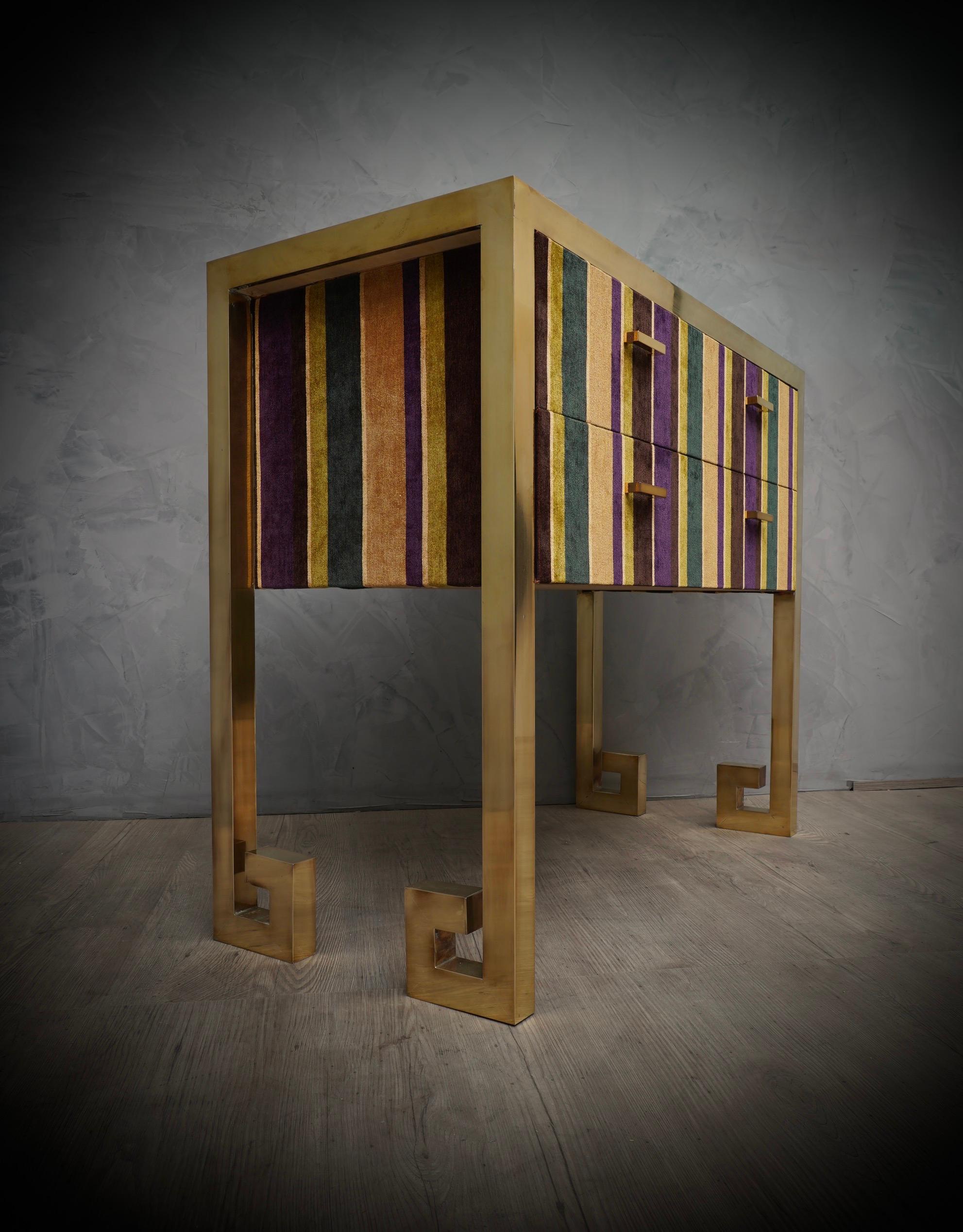 Art Deco Modern Brass and Strip Velvet Italian Commodes chest of drawers, 2010 For Sale