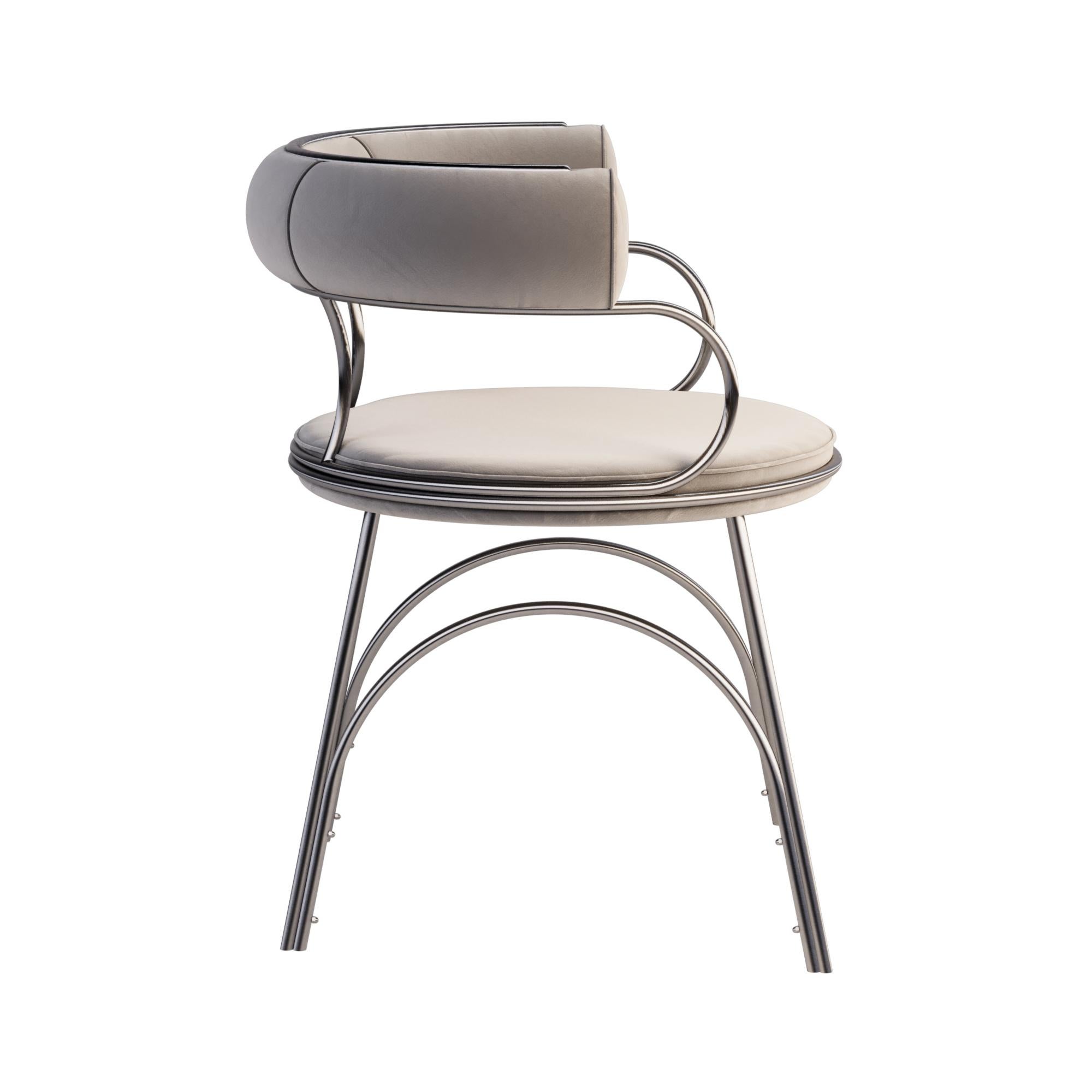 Portuguese Modern  Brass Austin Dining Chair Polished Silver Steel Matte Velvet For Sale