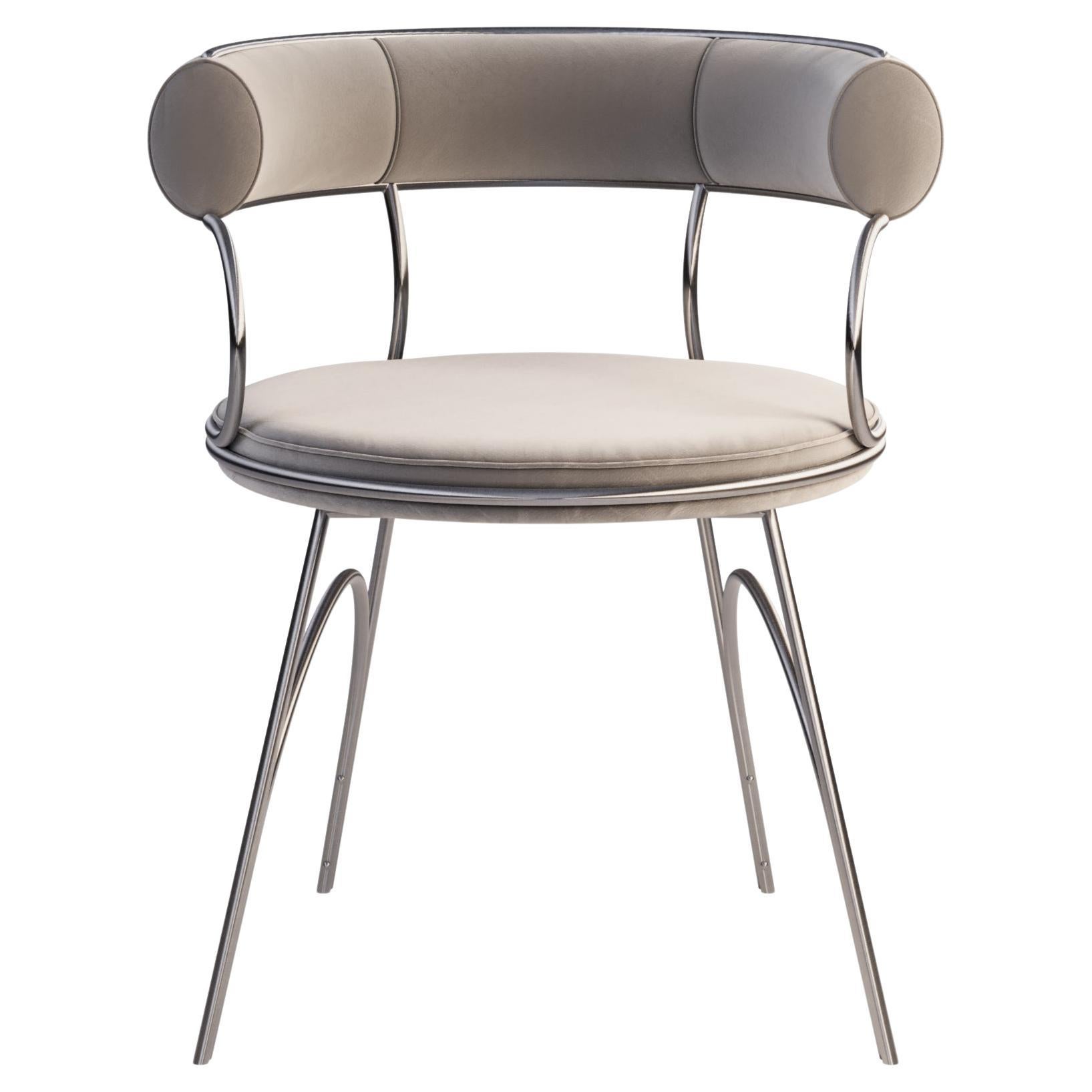 Modern  Brass Austin Dining Chair Polished Silver Steel Matte Velvet For Sale