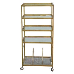Modern Brass Bar Cart or Display with Glass Shelves