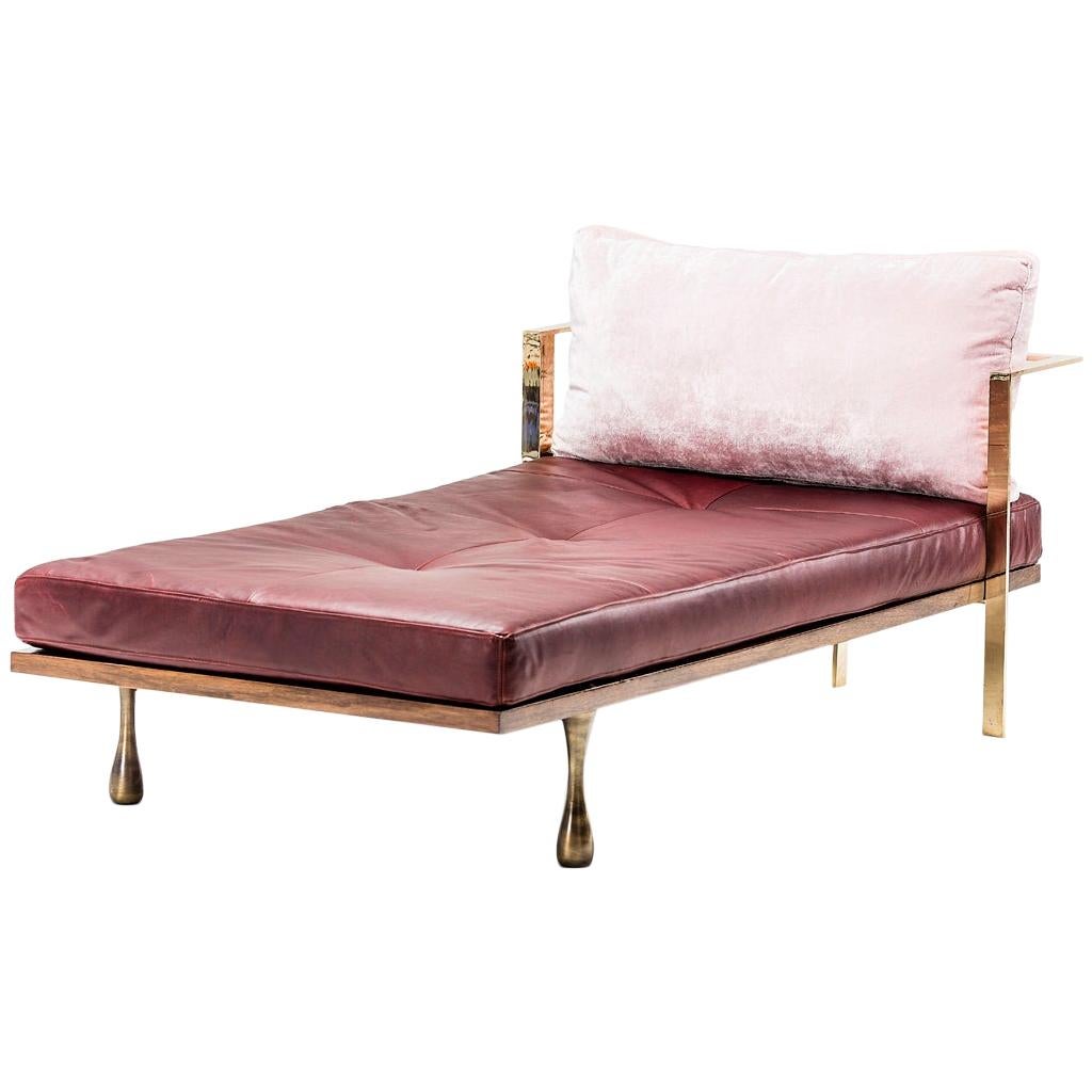 Modern Brass, Bronzed Steel, Leather and Velvet Little Miss Fat Daybed For Sale