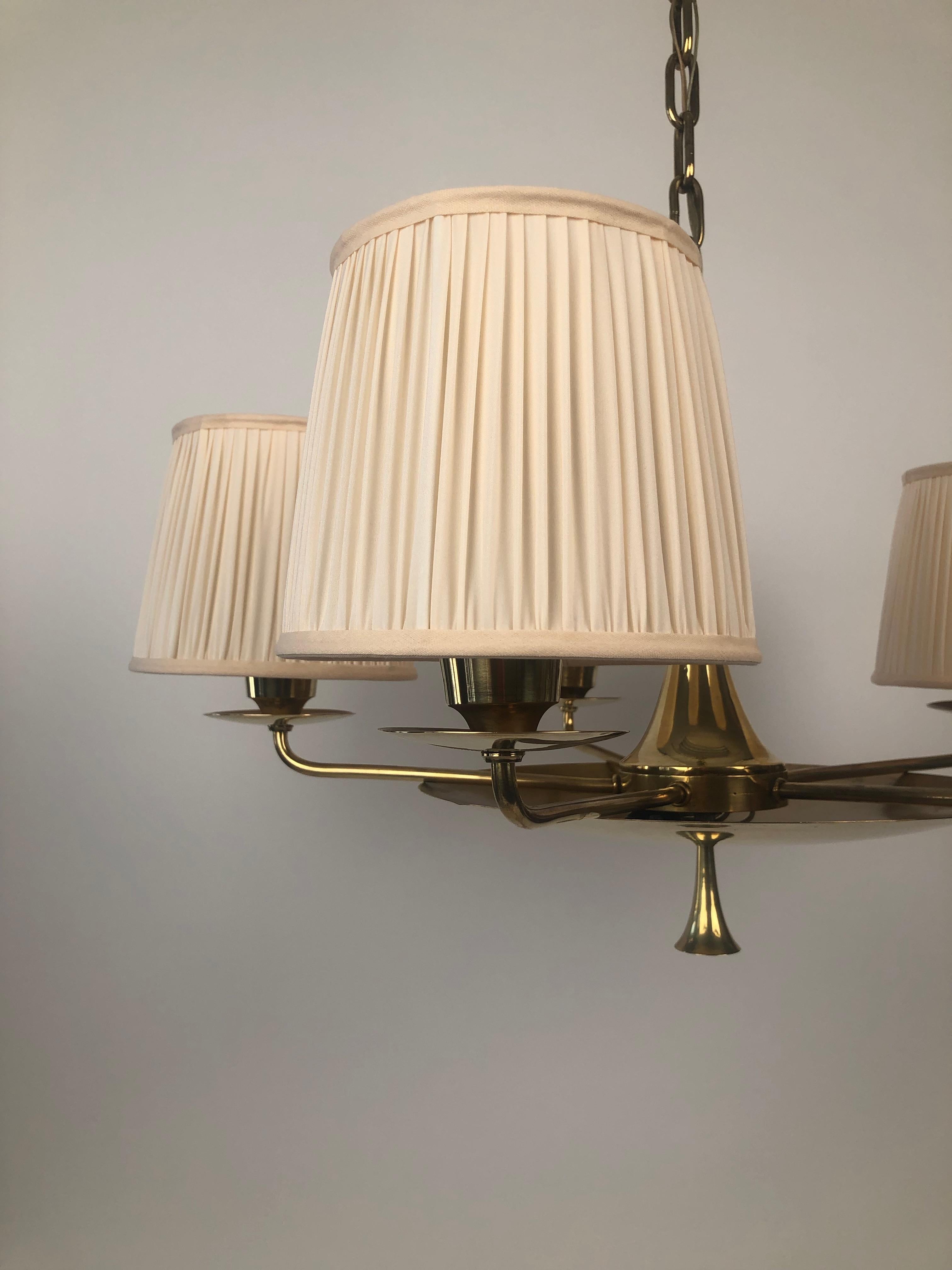 Polished Modern Brass Chandelier from the 1920's, with Silk Shades, Austria, 1920's For Sale