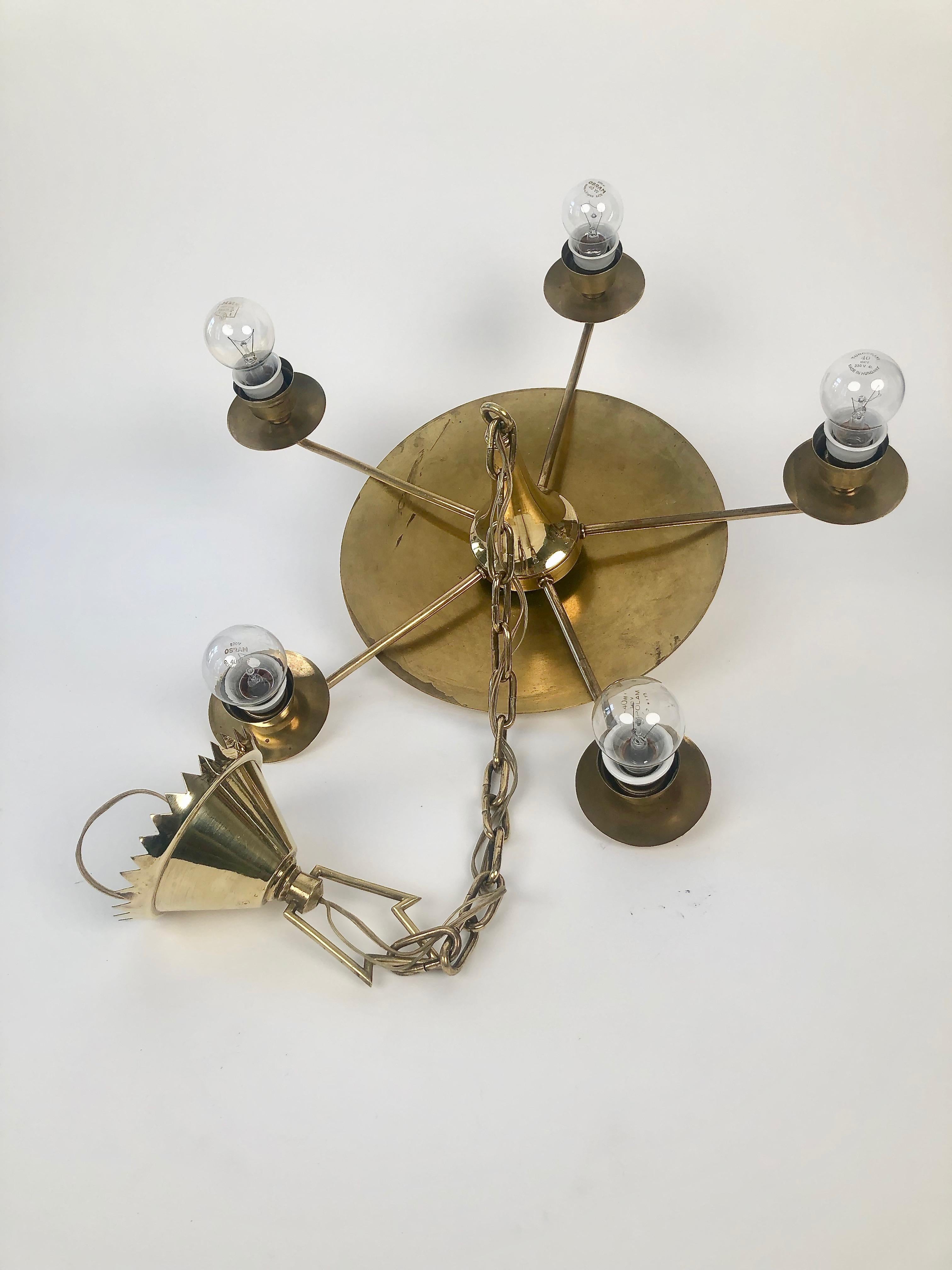 Modern Brass Chandelier from the 1920's, with Silk Shades, Austria, 1920's For Sale 3