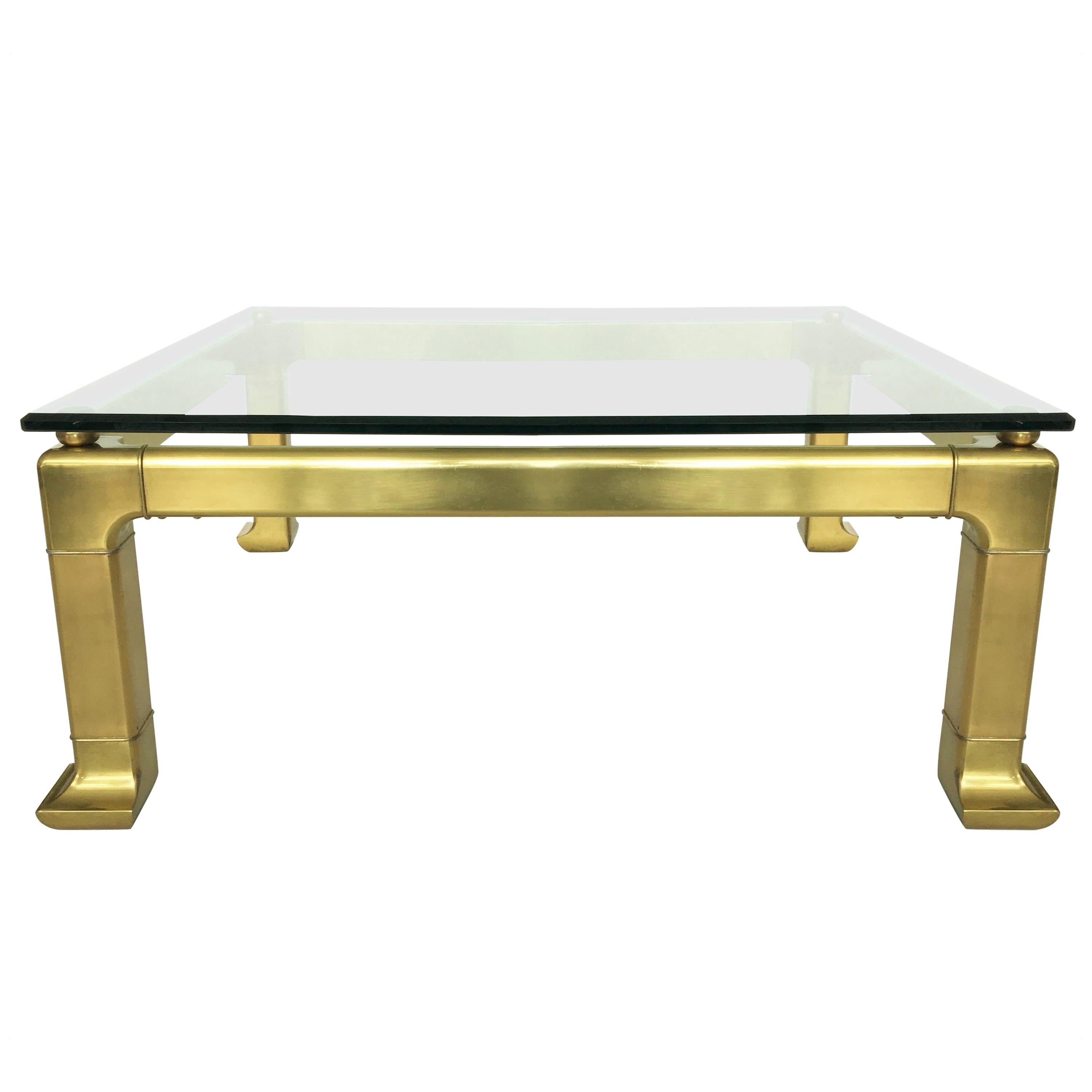 Modern Brass Coffee Table by Mastercraft with Glass Top For Sale