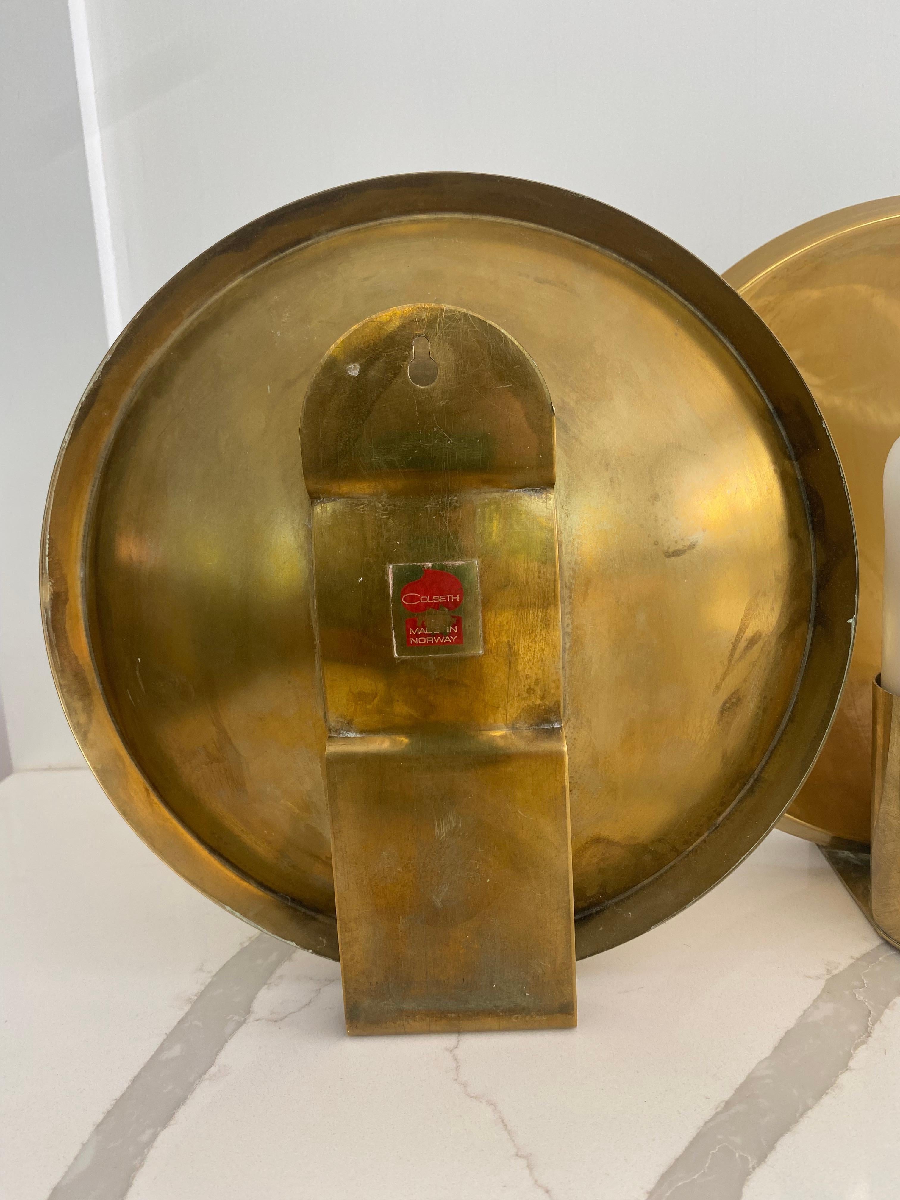 Norwegian Modern Brass Colseth sconces round bold shape mid century Norway For Sale