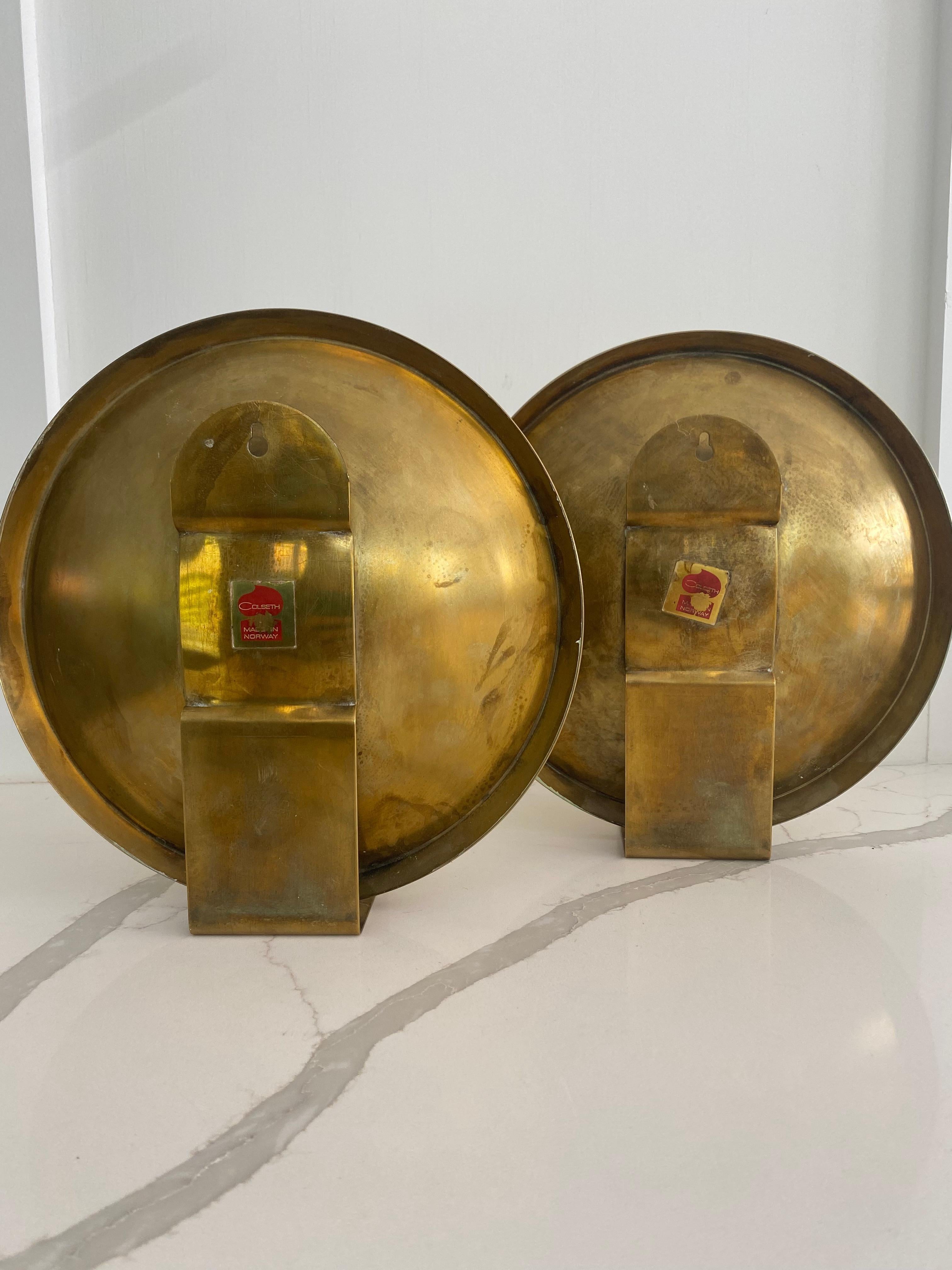 Modern Brass Colseth sconces round bold shape mid century Norway In Good Condition For Sale In Bridgehampton, NY
