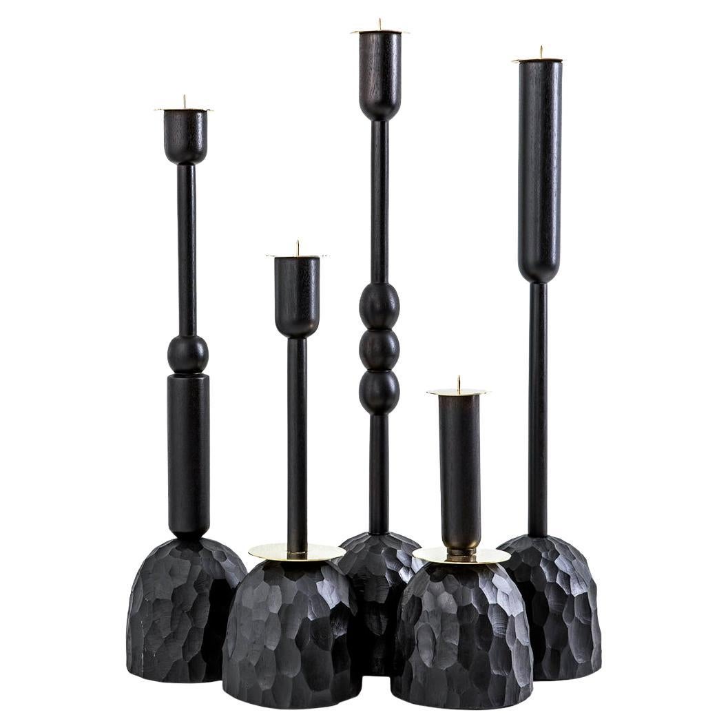 Modernes Messing, Duco Gedrechseltes Holz & Harz Primal Kerzenleuchter Set