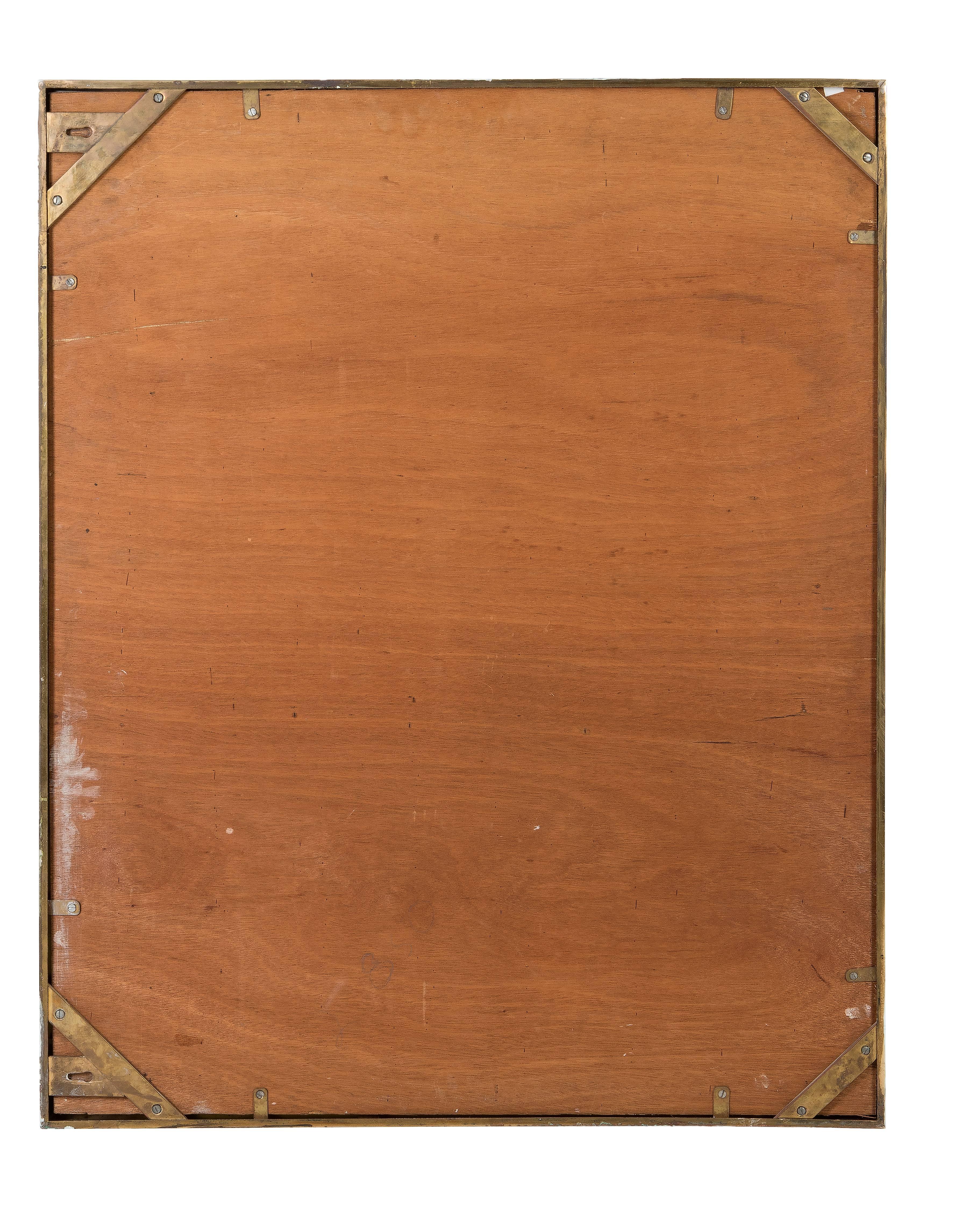 This item is from the late 20th century. The style is modern, it was sourced in Southern Africa. The frame is heavy brass with a clear mirror. Backing for the item has been customized to hang the mirror horizontally, but could be converted to hang