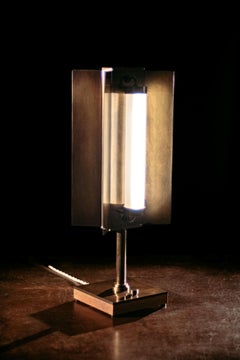 Modern Brass Industrial Table Lamp with Oak Accents