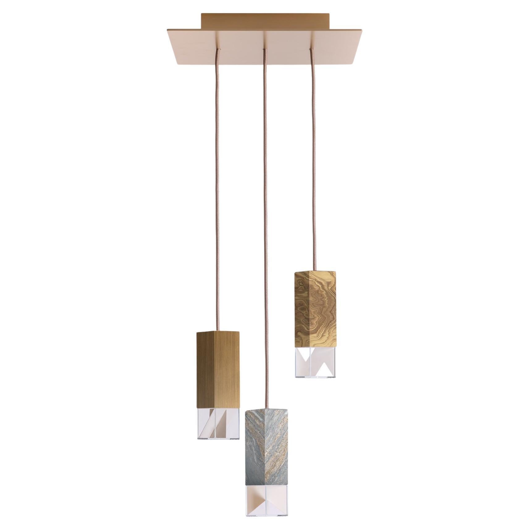 Modern 3 Light Chandelier Palissandro Marble, Brass and Olive by Formaminima For Sale