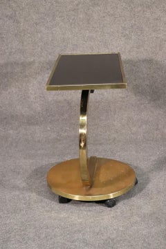 Modern Brass Plated Ebonized Oak End Side Table w Wheels, C1960