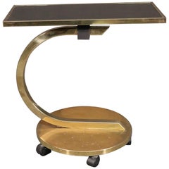 Modern Brass Plated Ebonized Oak End Side Table w Wheels, C1960
