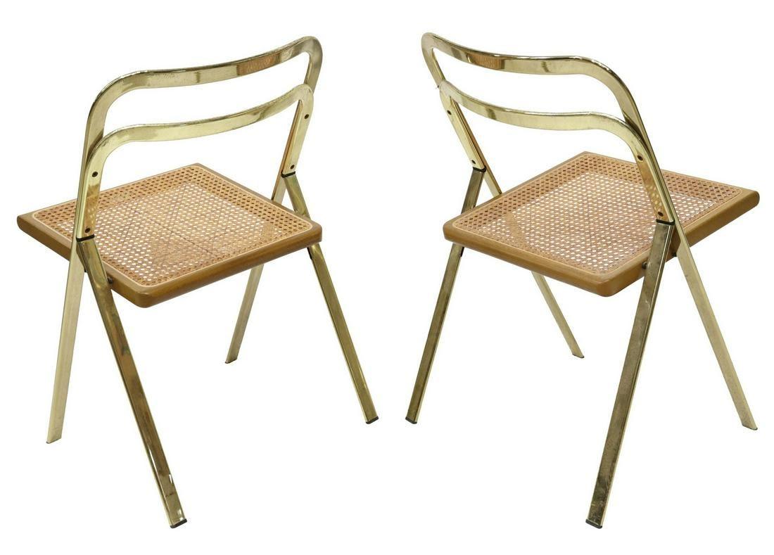 Hollywood Regency Modern Brass Rattan Italian Folding Chairs by Giorgio Cattelan Cideu, 1970s