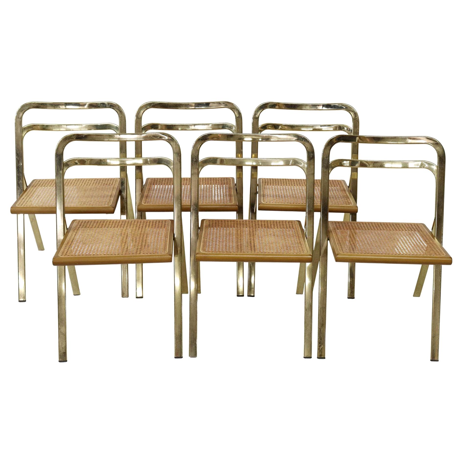 Modern Brass Rattan Italian Folding Chairs by Giorgio Cattelan Cideu, 1970s