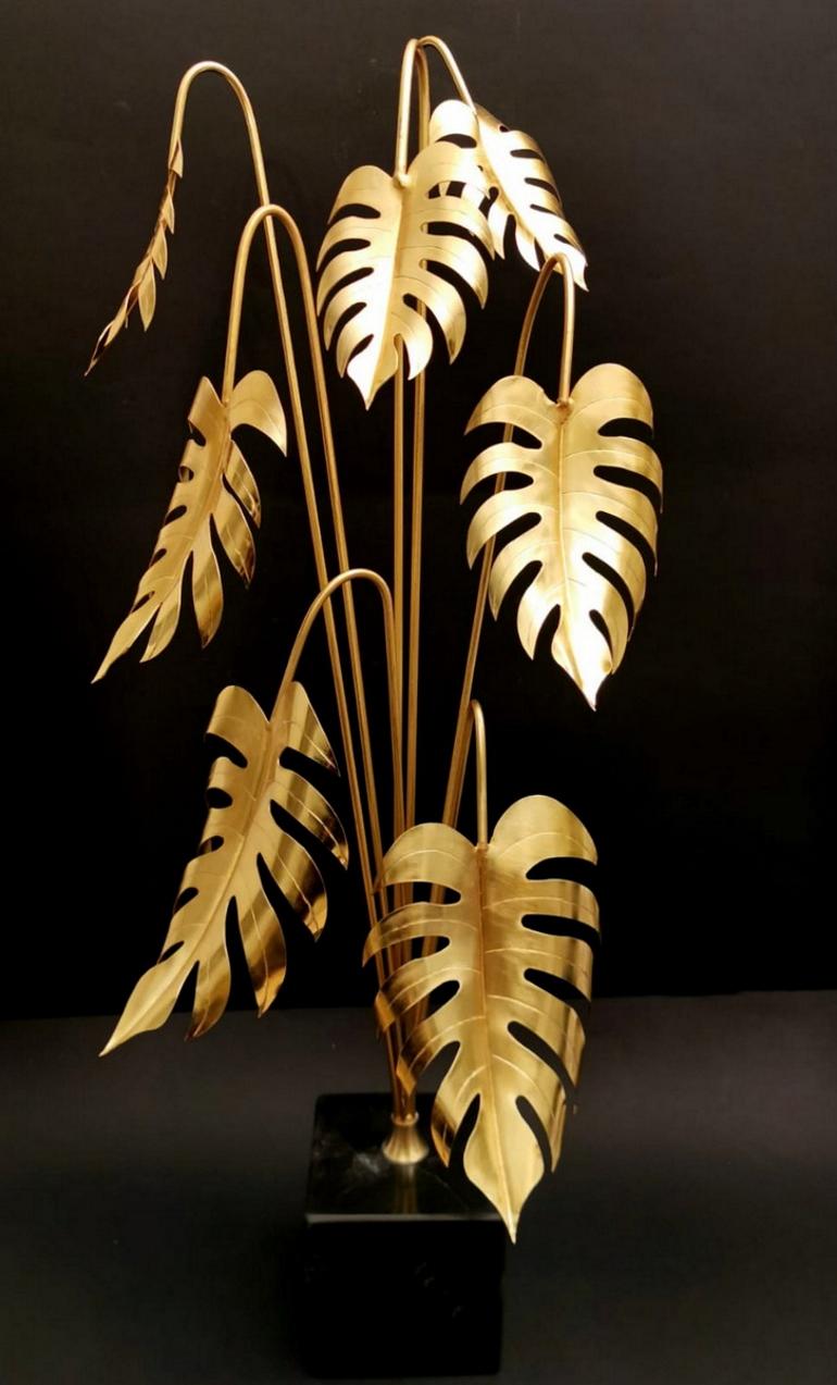 Polished Italian Modern Brass Sculpture Mounted on Black Marble Marquinia 