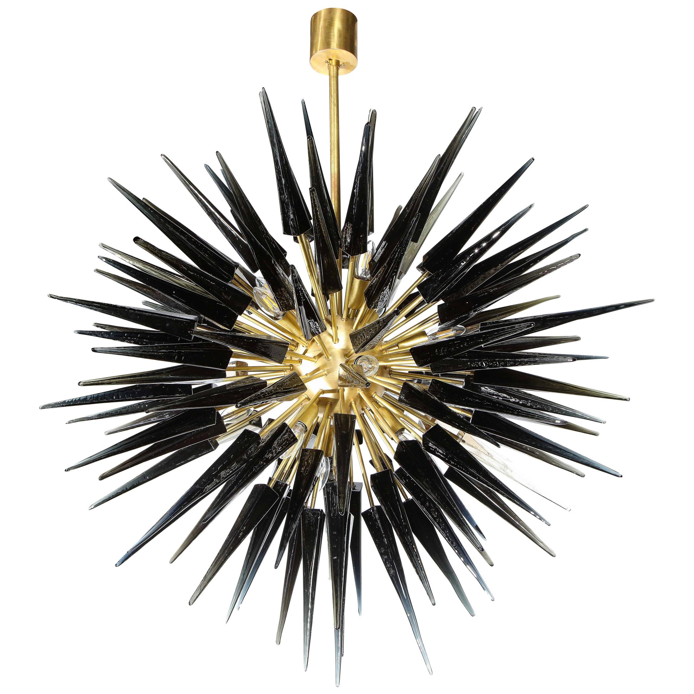 Modern Brass Starburst Chandelier with Graphite Hand Blown Murano Glass Obelisks