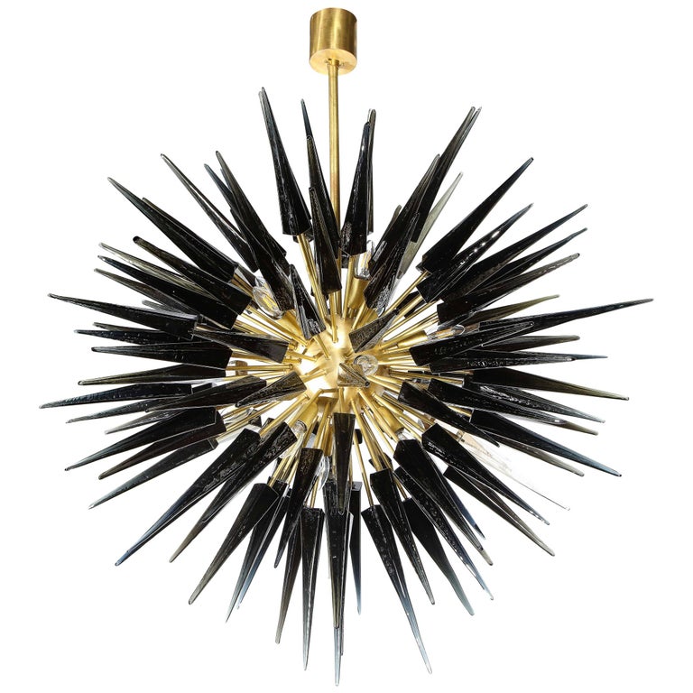 Modern Brass Starburst Chandelier with Graphite Hand Blown Murano Glass
